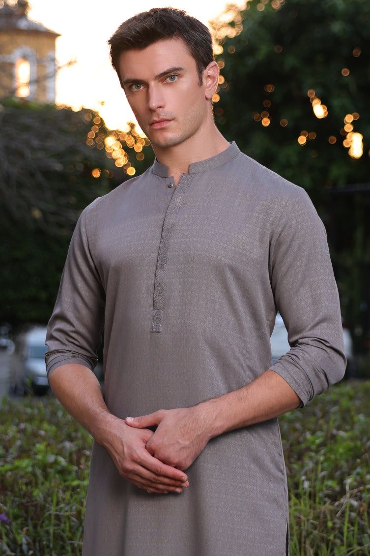 Blended Grey Kurta by J. Junaid Jamshed - Premium Cotton Pakistani Traditional Wear for Men - Perfect for Eid, Weddings & Casual Outings