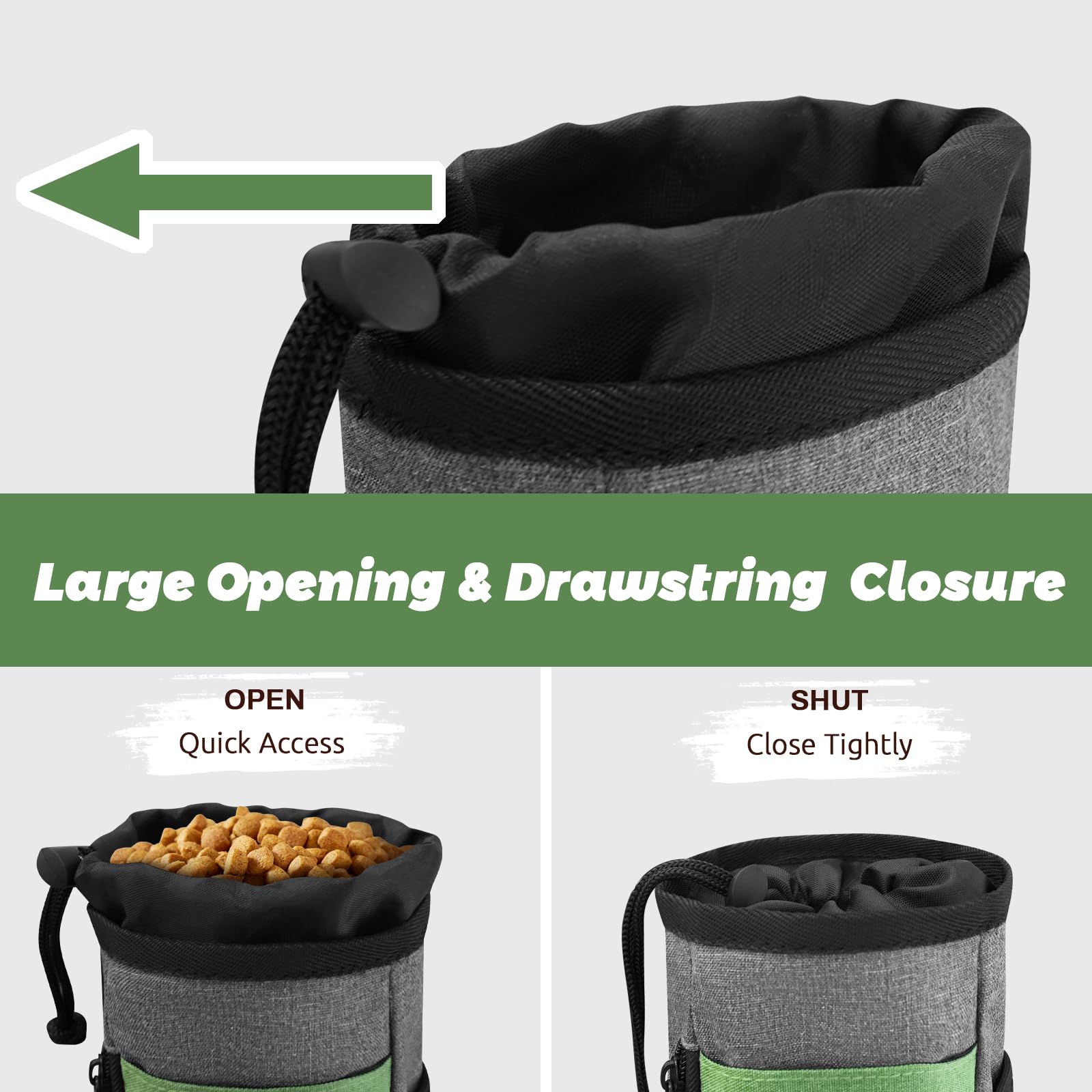 Premium Dog Treat Pouch - Large Capacity Pet Training Bag with Fashionable Green & Grey Design - Perfect for Dog Walks, Outdoor Adventures, Travel & Obedience Training - Includes Free Poop Bags - Ideal for Hiking, Park Visits & Daily Dog Care