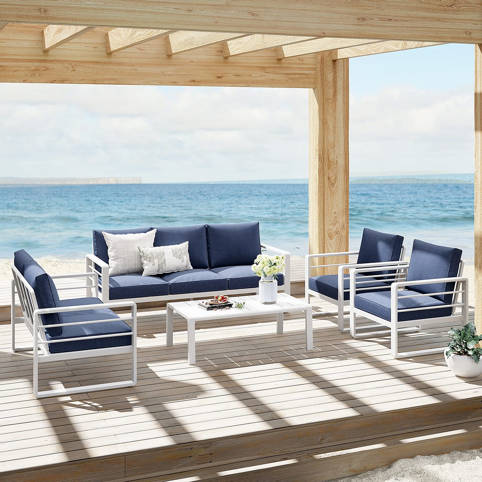 Patiorama Aluminum Patio Furniture Set - 2-Person Outdoor Loveseat with Olefin Cushions, All-Weather White Metal Sofa (600 lbs Capacity) for Deck, Garden & Backyard - Perfect for Relaxing & Entertaining