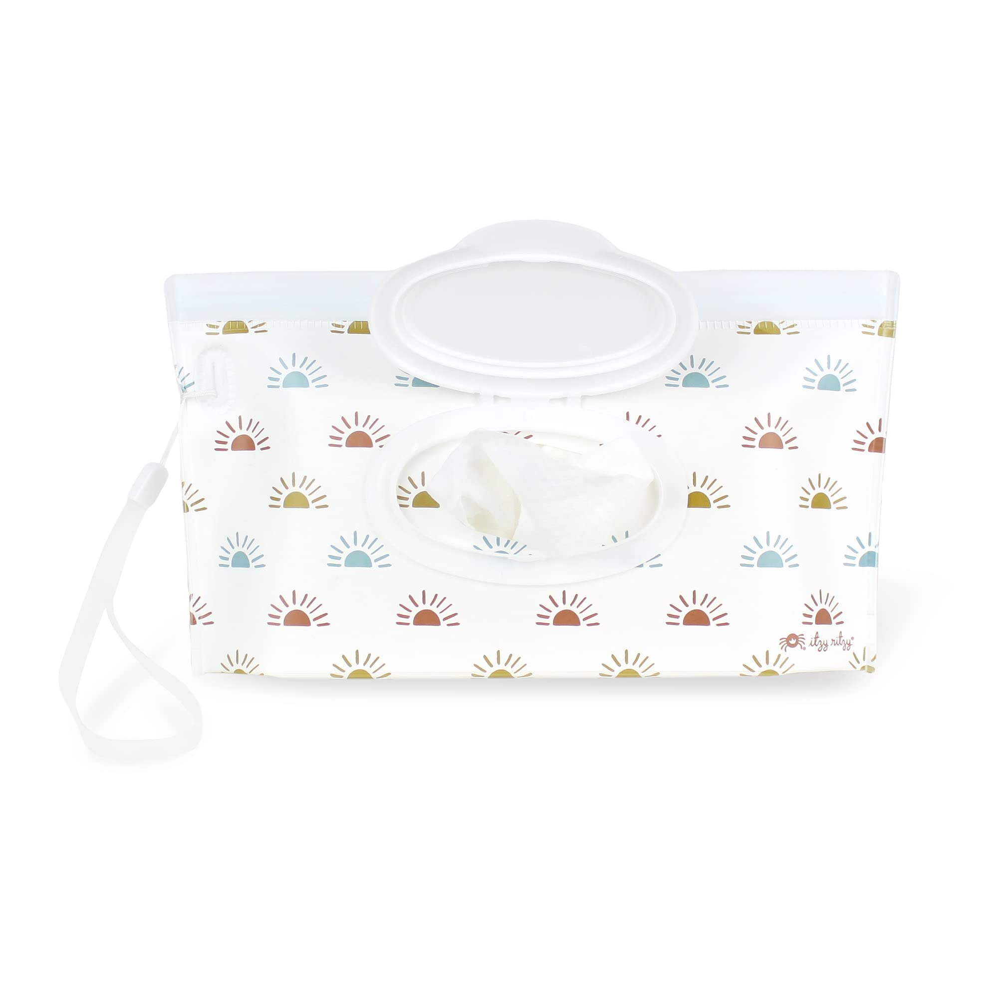 Itzy Ritzy Reusable Travel Wipes Case - Portable Wet Wipes Pouch Holds 30 Wipes with Silicone Wrist Strap | Perfect for Diaper Bags, On-the-Go Parents & Travel Essentials (Desert Sunrise)