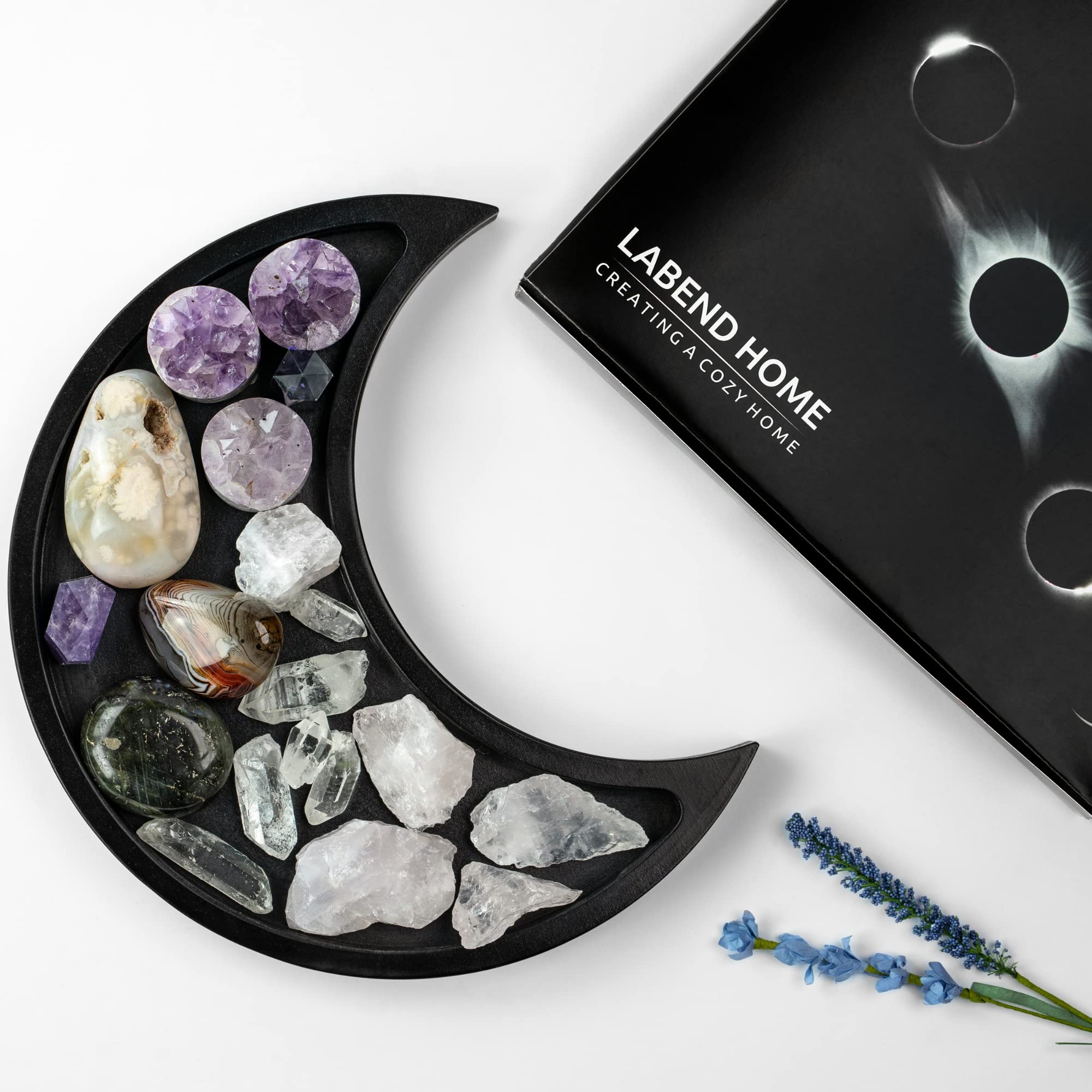 Moon Tray Crystal Holder Display - Black Wooden Crystal Organizer for Healing Stones, Jewelry & Essential Oils - Gothic Witchy Coffin Decor for Spiritual Altar, Bedroom & Meditation Space