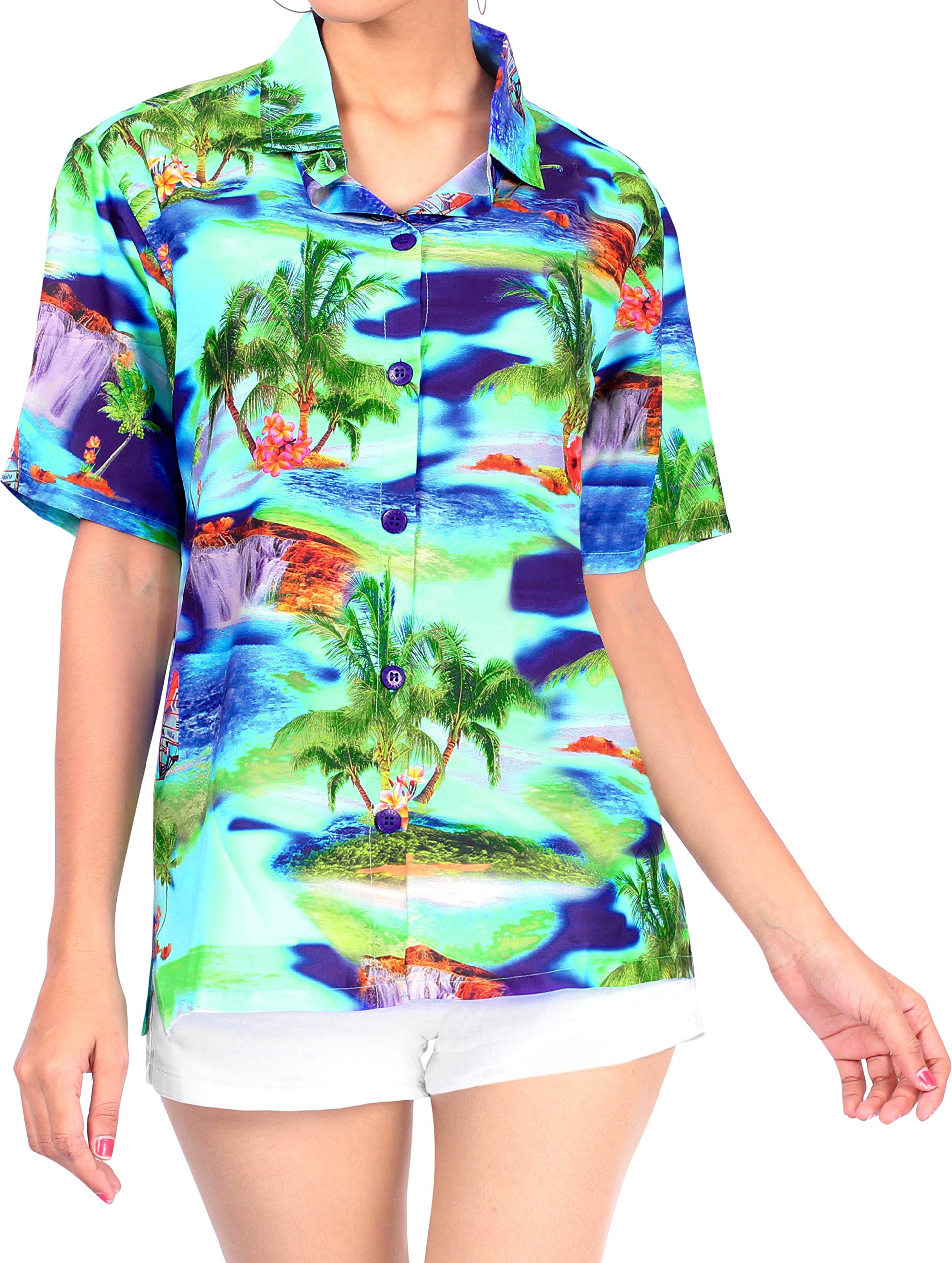 Happy Bay Women's Beach Short Sleeve Hawaiian Blouse Shirt - Floral Print Vacation Shirt for Summer, Pool Party & Tropical Getaway