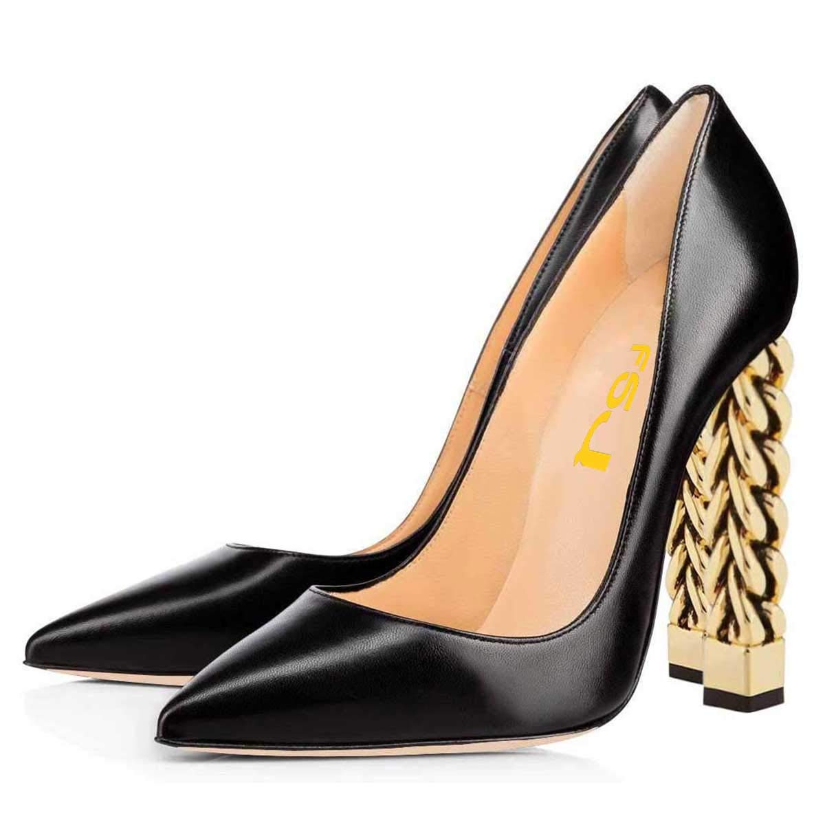 FSJ Women's Gold Chunky Heel Pointed Toe Slip On Pumps - Elegant Metallic Chain Stiletto Party Shoes for Prom, Evening & Special Occasions - US Size 4-15 (Wide Width Available) - Perfect for Weddings, Cocktail Parties & Night Out Events