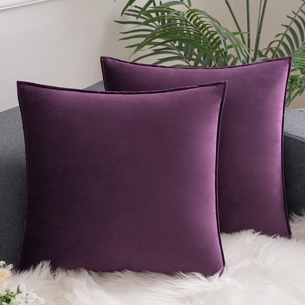 Comvii Purple Velvet Throw Pillows Set of 2 with Flanged Covers 18x18 Inch - Soft Decorative Couch Pillows & Bed Pillow Inserts - Luxury Home Decor for Living Room, Sofa, Bedroom (Purple)