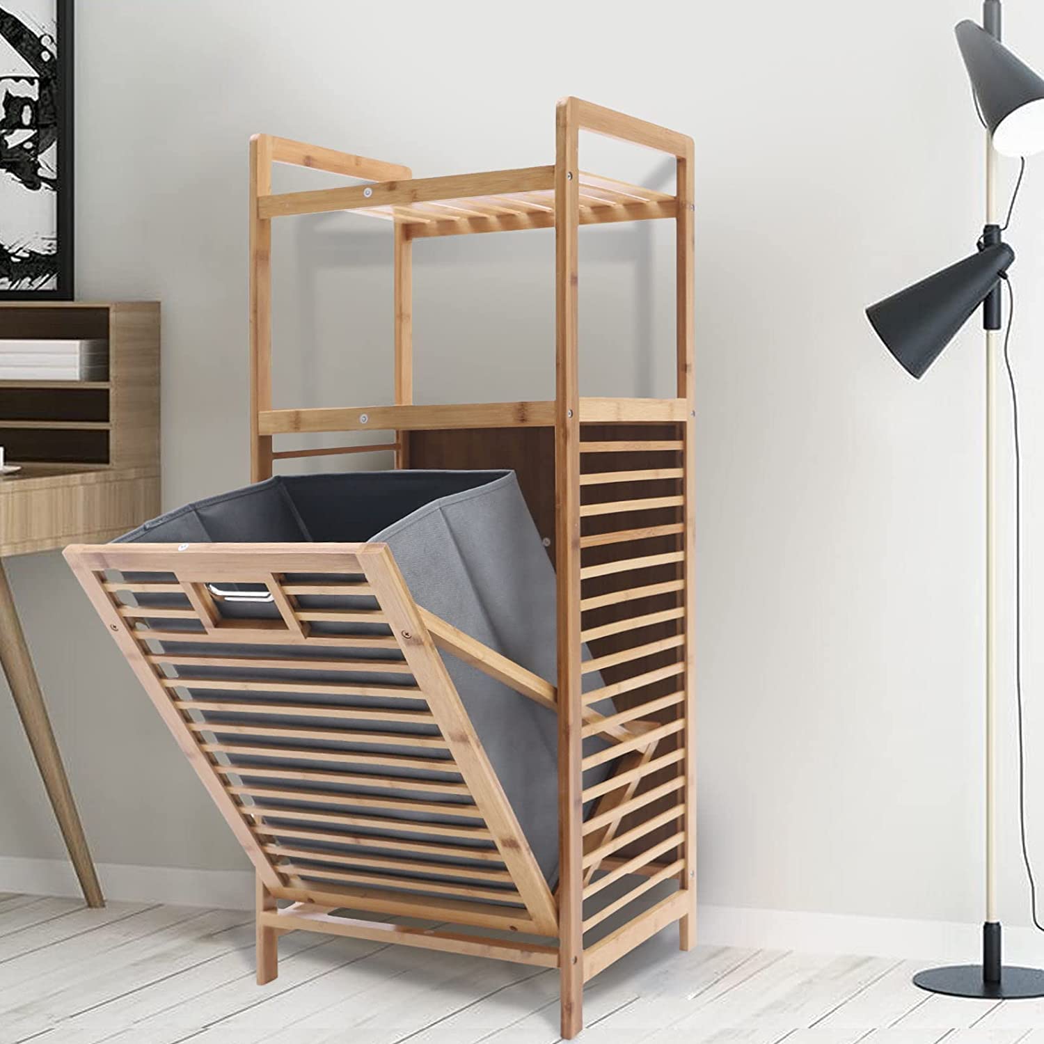 Eco-Friendly Bamboo Laundry Hamper & Storage Organizer with Detachable Rack & Shelves - Perfect for Bathroom, Bedroom, Living Room (37.4in Height) - Ideal for Clothes, Towels & Home Organization
