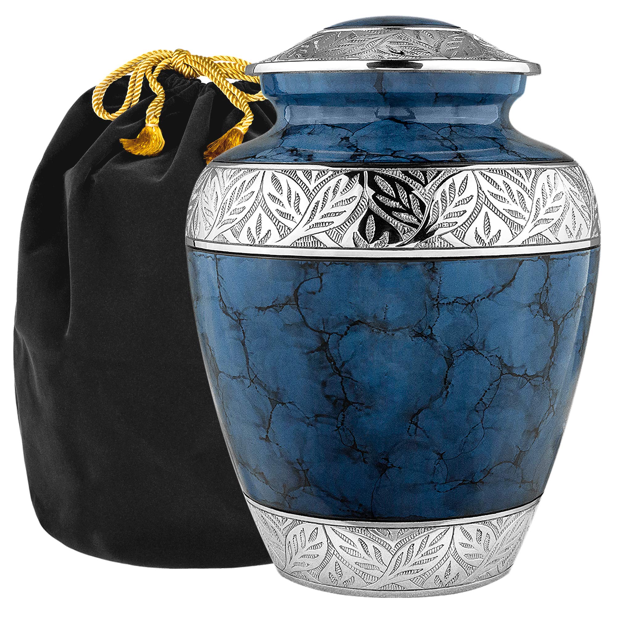 Heavenly Peace Elegant Dark Blue Adult Cremation Urn for Ashes - Beautiful Keepsake Memorial Urn with Velvet Bags & Case - Perfect for Home Memorials, Funeral Services & Honoring Loved Ones