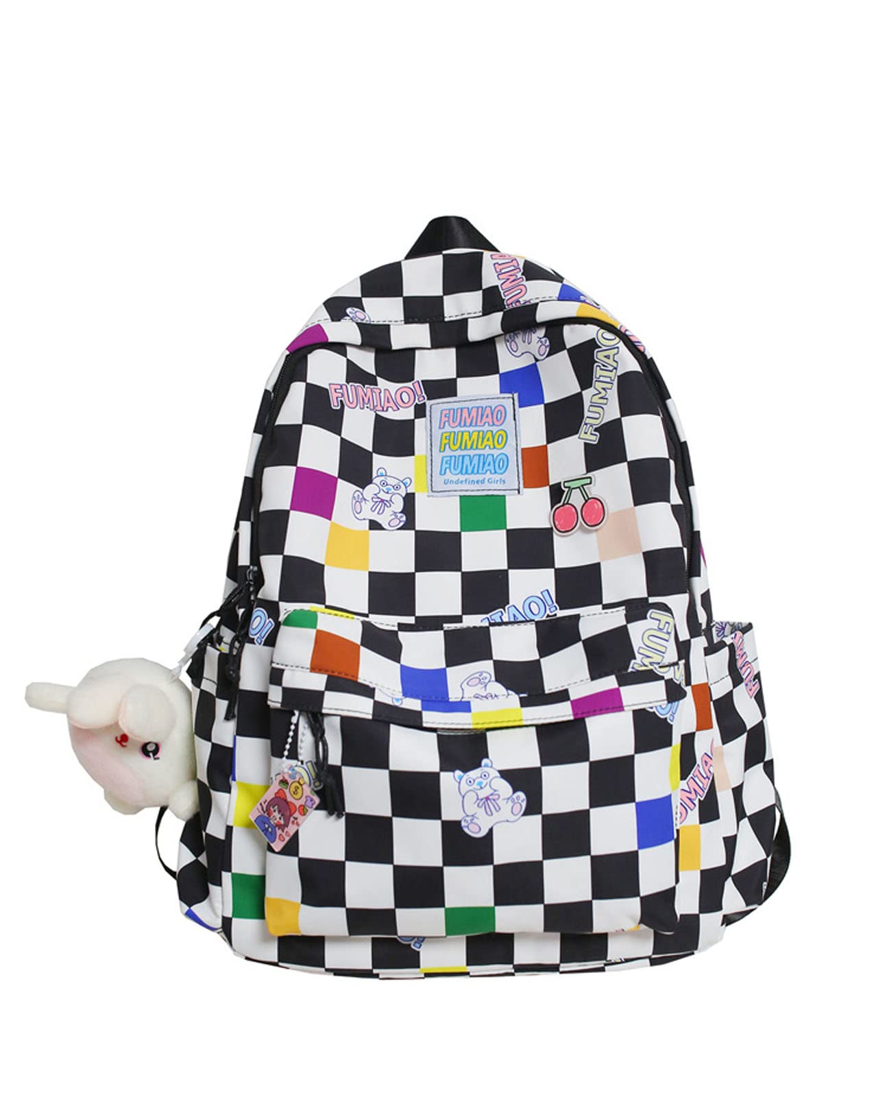 Nouflux Kawaii Cute Backpack for Girls - Stylish Checkerboard Print School Backpack with Doll Charm - Perfect for Teens & College Students (Black) - Great for School, Travel & Everyday Use