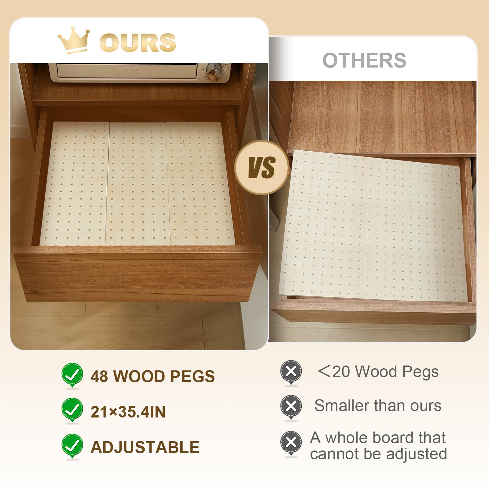 Kigley 6-Piece Wooden Pegboard Drawer Organizer Set with 48 Pegs - Kitchen Drawer Organizer for Dishes, Food Containers & Utensils (20.98