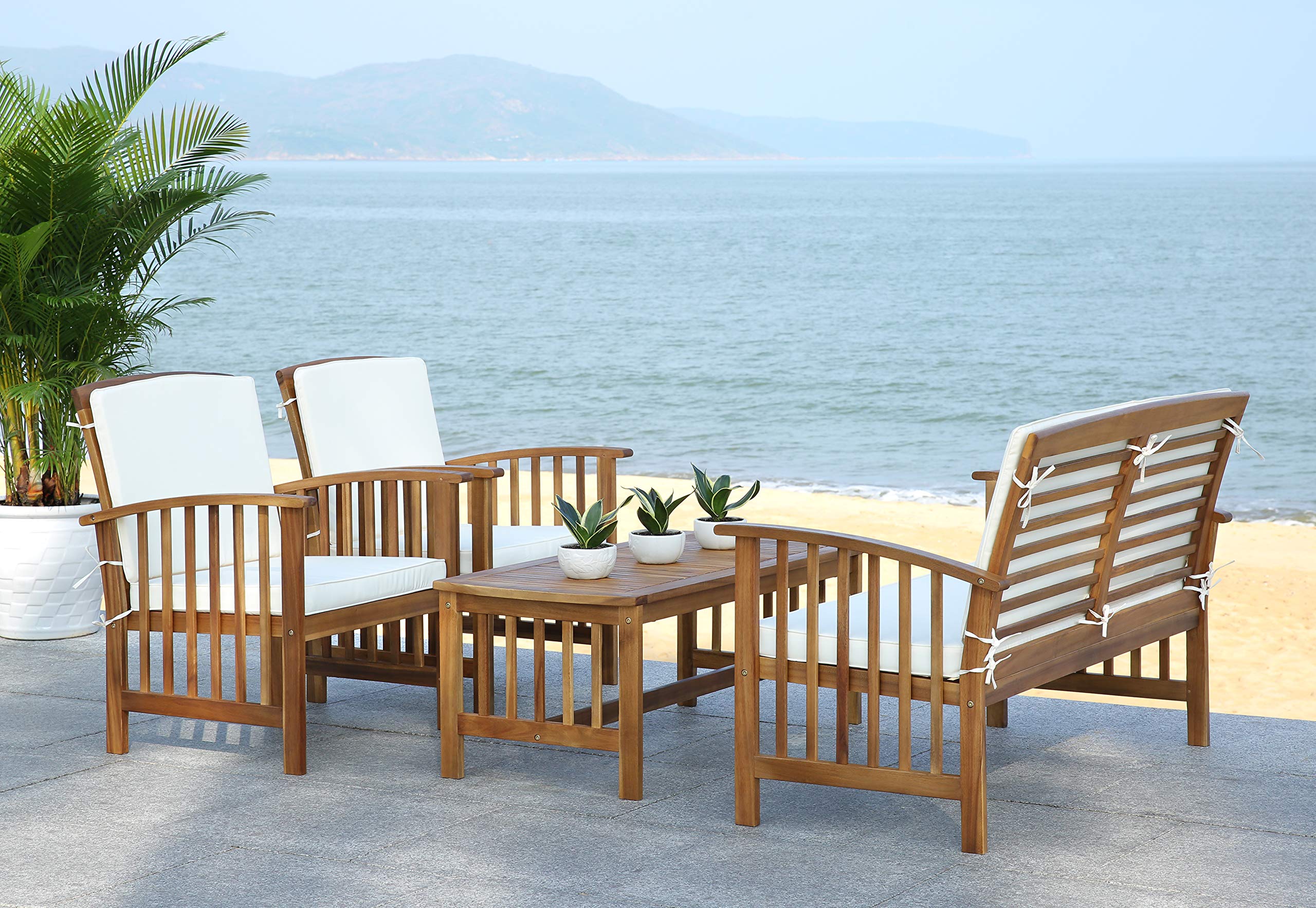 SAFAVIEH Outdoor Collection Rocklin Natural/Beige 4-Piece Patio Conversation Set with Cushions - Perfect for Backyard, Garden & Poolside Relaxation