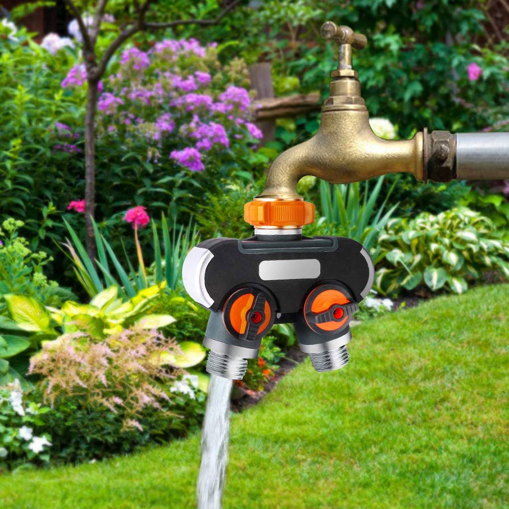 2-Way Hose Splitter with On/Off Valves - No Leak Garden Water Distributor for Outdoor Faucet, Lawn Sprinkler & Car Washing (Orange) - Perfect for Simultaneous Watering, Cleaning & Pressure Washing Tasks