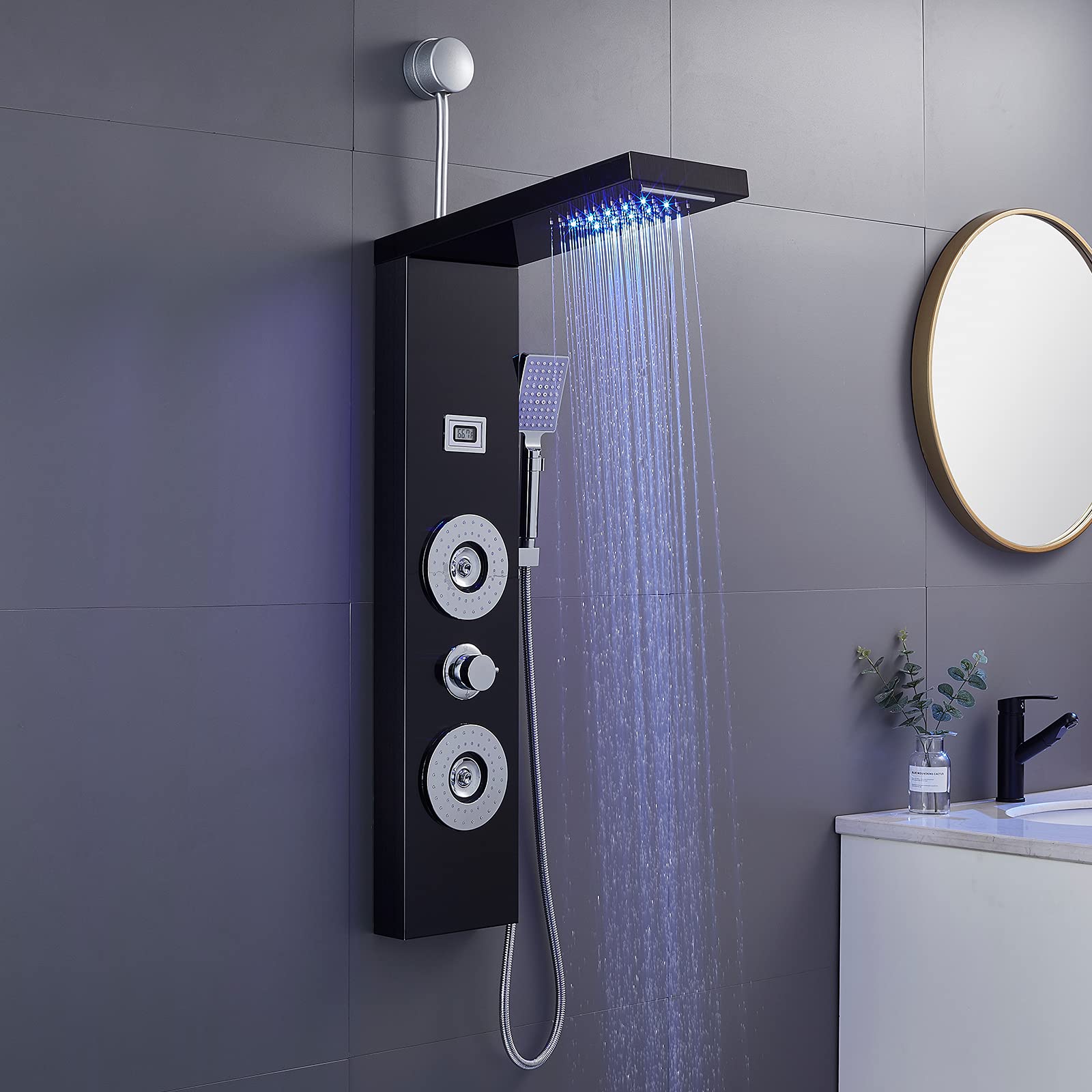 ROVOGO Modern LED Rain Shower Panel System - 2 Body Jets & Handheld Shower Head with Digital Temperature Display - Easy Connect Shower Tower Column in Black (Rough-In Valve Not Included) - Perfect for Bathroom Renovation & Spa-Like Shower Experience