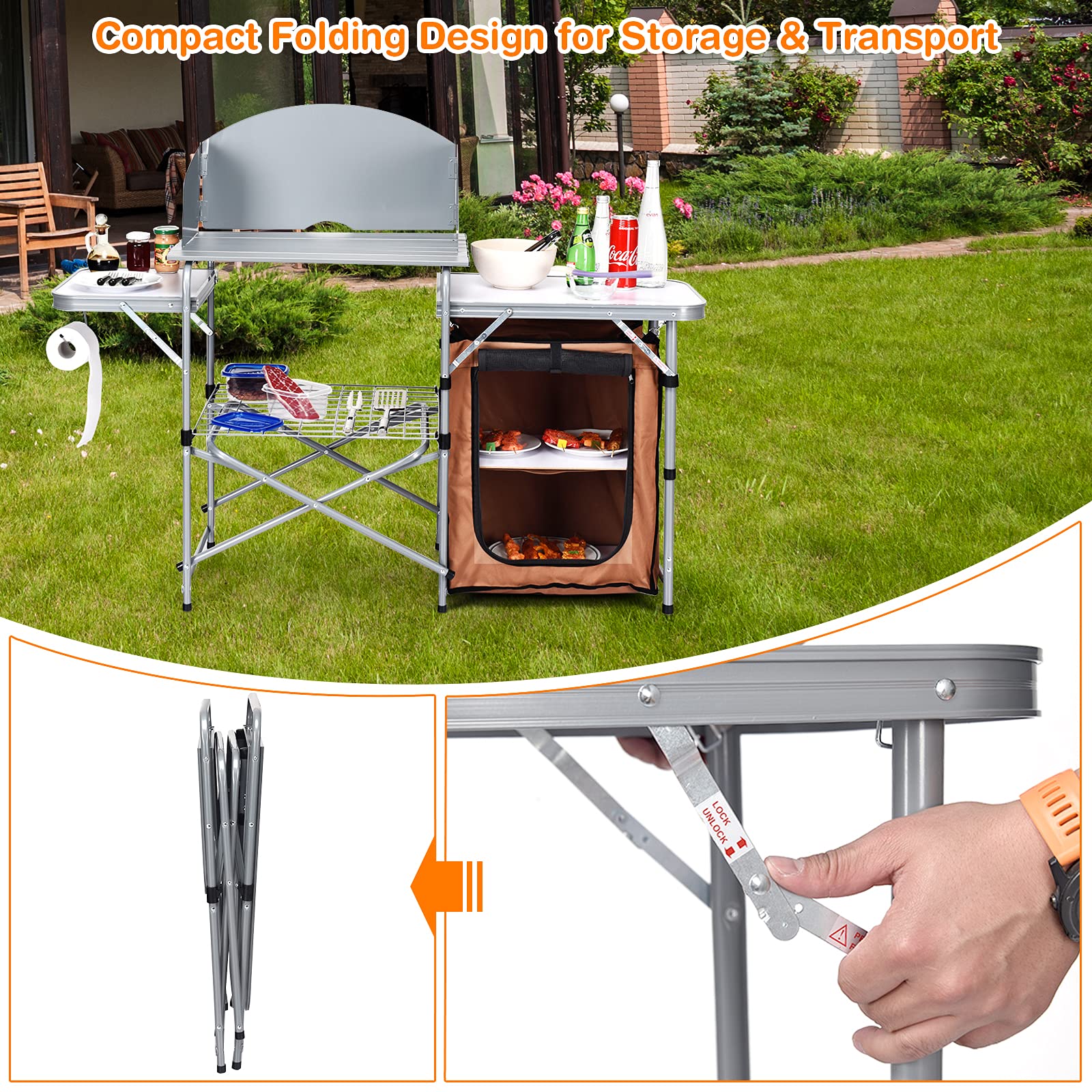 Tangkula Folding Camping Kitchen Table - Portable Aluminum Outdoor Cooking Station with Windscreen, Storage Shelves & Carry Bag | Perfect for Camping, Picnics, BBQ & Tailgating