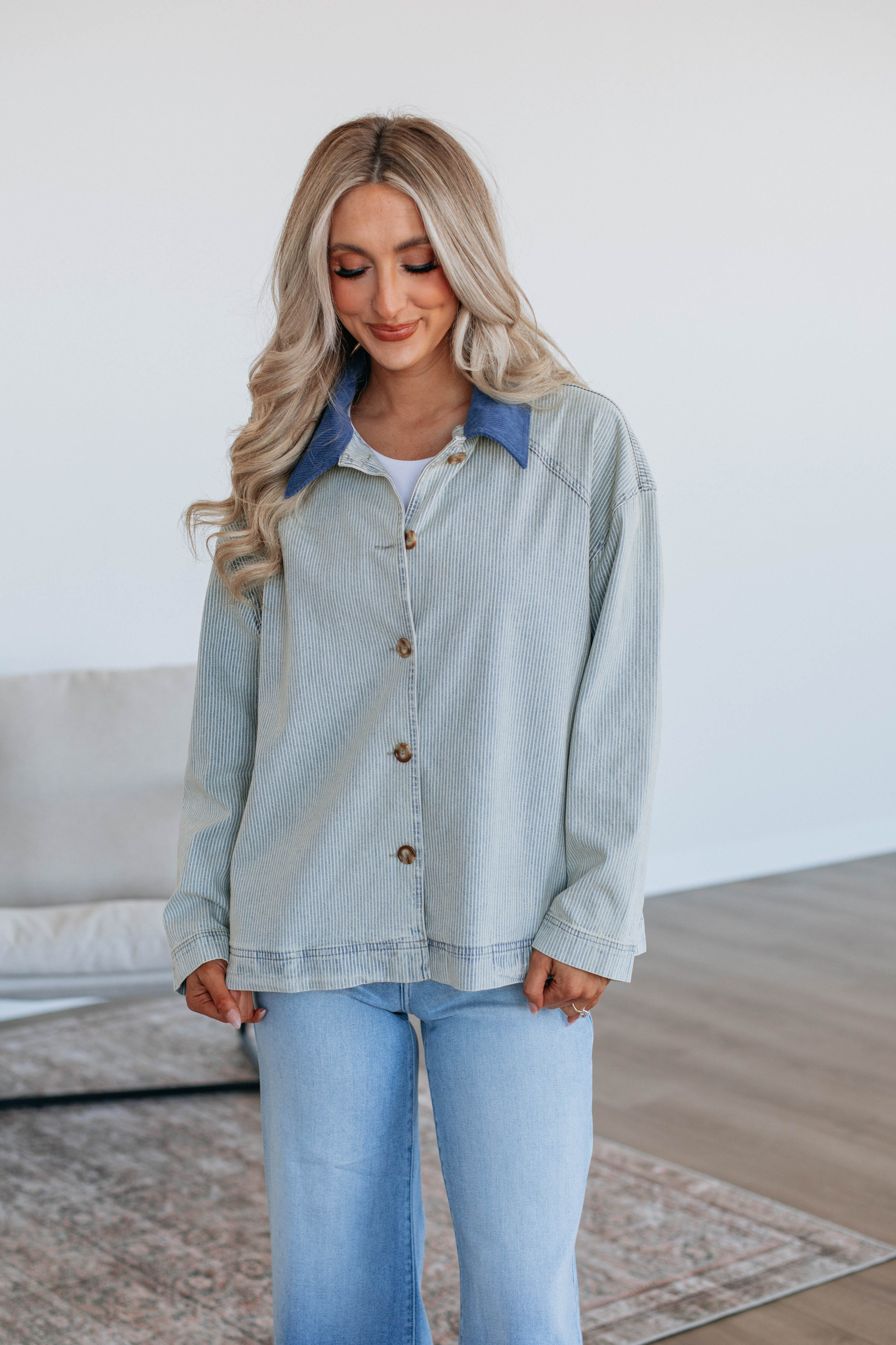 Lonnie Striped Denim Jacket for Women - Trendy Distressed Vintage Denim Coat with Button Front - Perfect for Casual Outfits, Street Style & Fall Layering