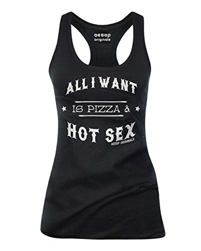 Aesop Originals Women's Pizza & Hot Sex Graphic Tank Top - Funny Slogan Tee for Casual Wear, Girls Night Out & Bachelorette Parties