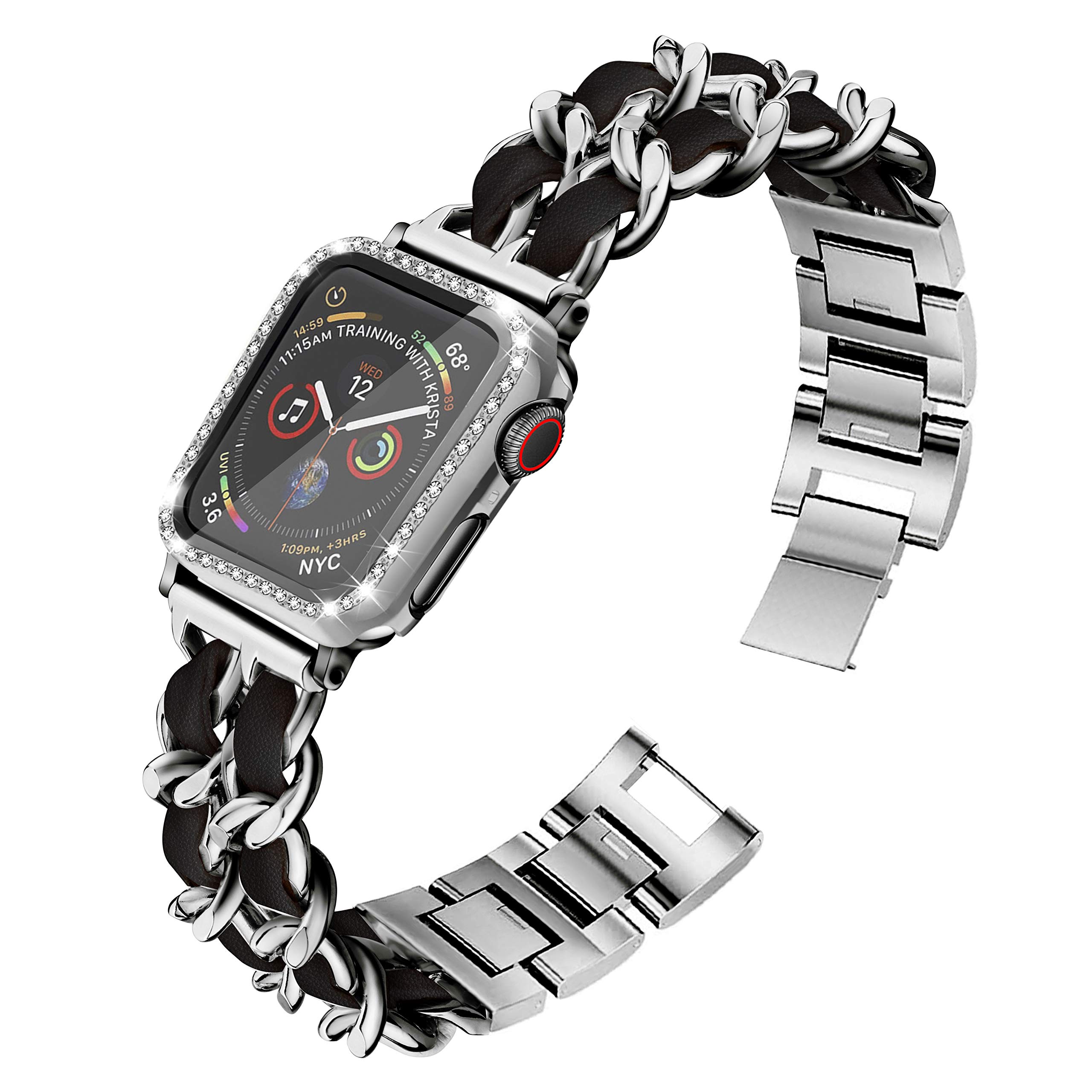 Mosonio Apple Watch Band 40mm Compatible with Series SE/6/5/4 - Jewelry Metal Bracelet with Screen Protector & 2-Pack Bling Case Cover (Silver Link & Black Leather) - Perfect for Women's Fashion, Work & Daily Wear