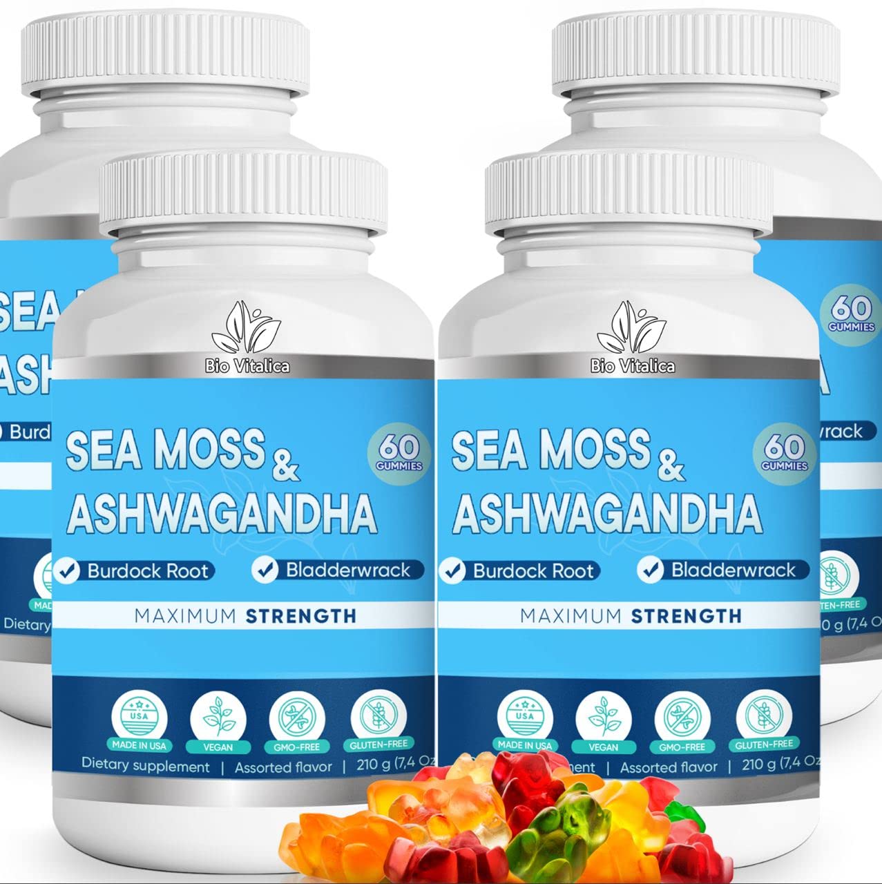 Organic BIO VITALICA Sea Moss Ashwagandha Gummies - Irish Seamoss & Ashwagandha Root Powder Supplement for Energy Boost & Immune Support - Vegan, Non-GMO, Gluten-Free for Men & Women - Perfect for Daily Wellness & Active Lifestyle