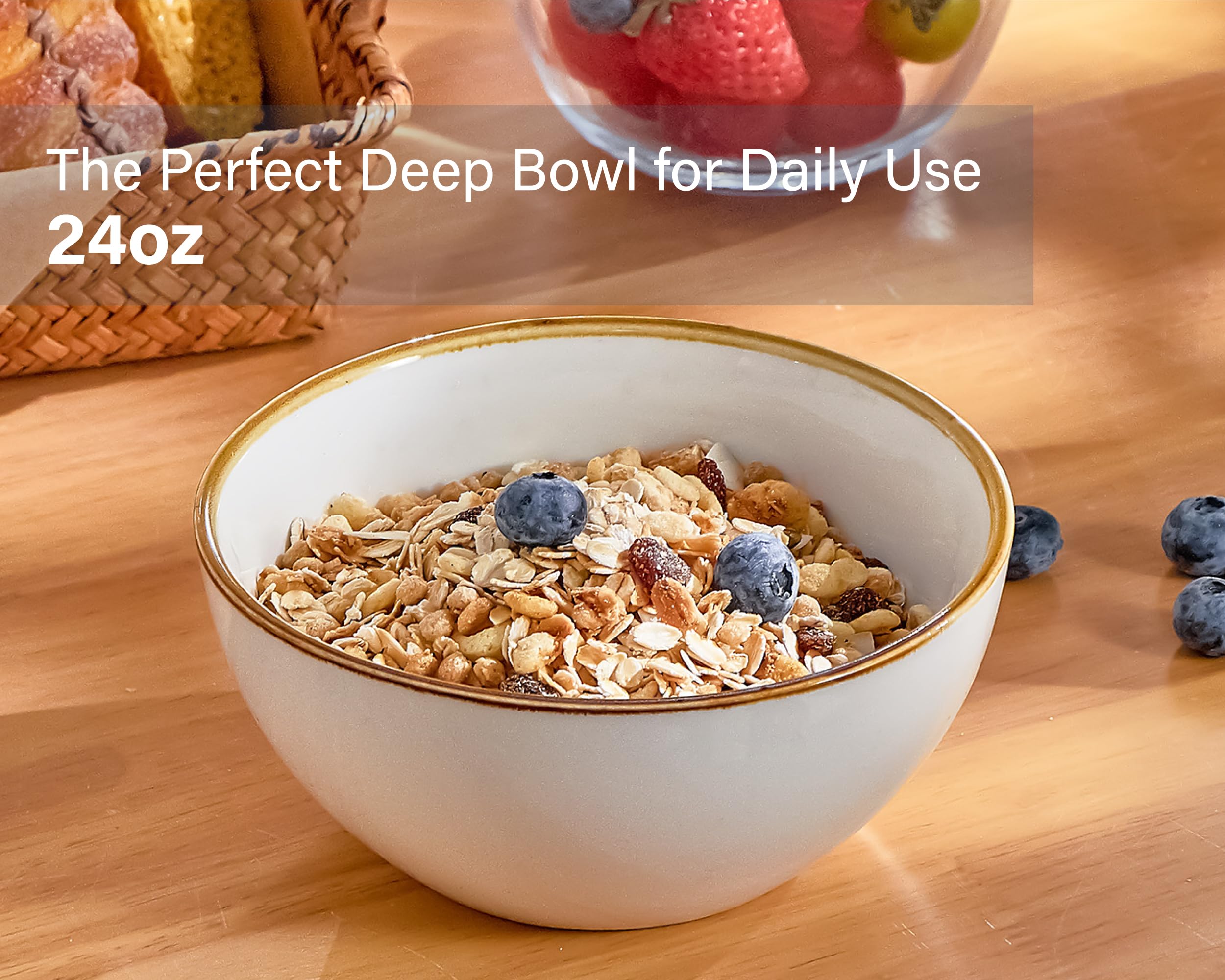 ONEMORE 6-Piece Ceramic Bowl Set - 24 oz Microwave & Oven Safe Soup, Cereal, Salad Bowls with Brown Rim - Dishwasher Safe Scratch-Resistant Cream White Bowls for Home, Restaurant & Daily Use