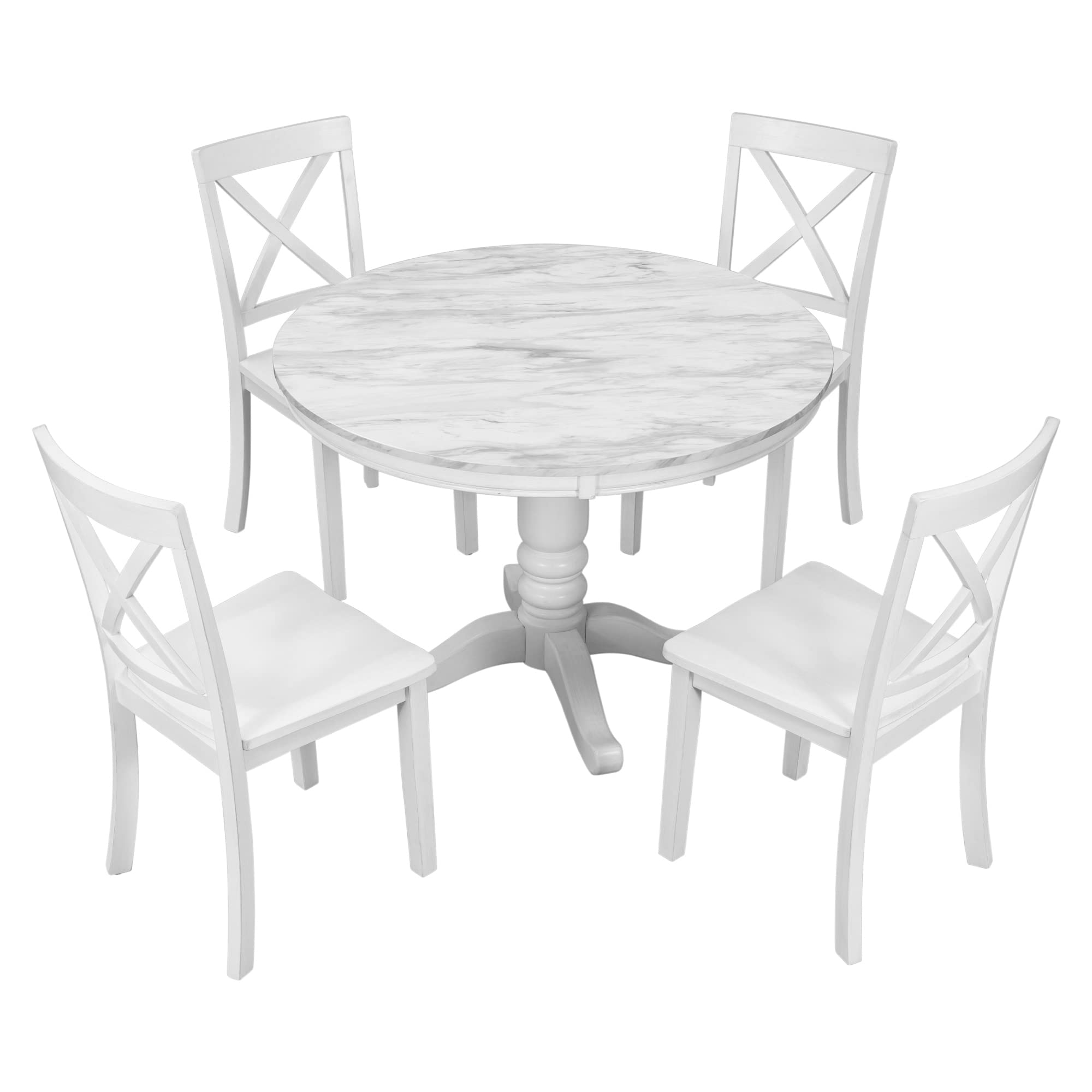 Merax 5-Piece White Round Dining Table Set with Marble Veneer Top & Wood Frame - Perfect for Small Spaces, Breakfast Nooks & Cozy Family Meals