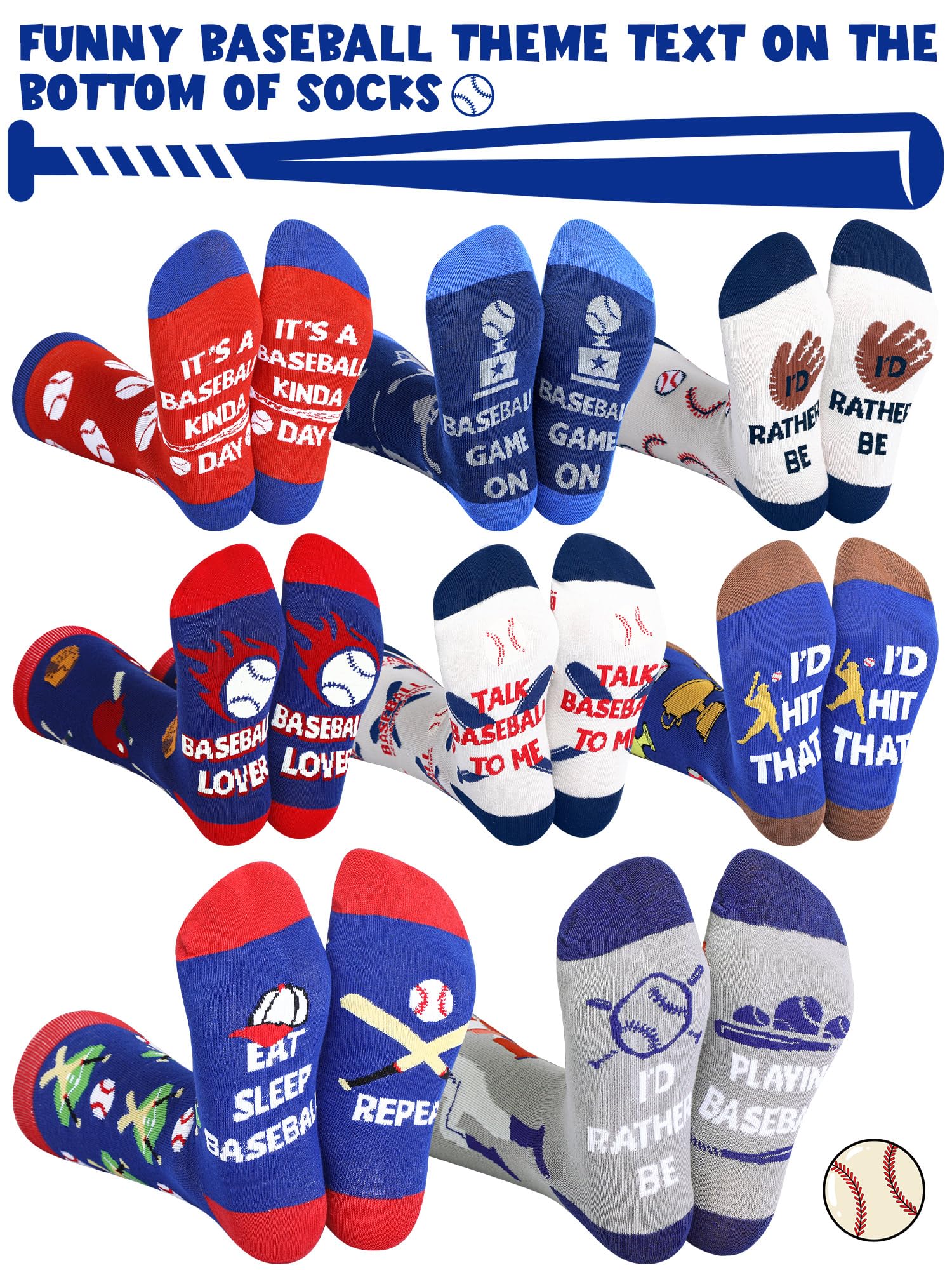 Patelai 8 Pairs Funny Baseball Socks for Men - Novelty Crew Socks Gift for Baseball Players, Coaches & Fans - Perfect for Games, Practices & Baseball Season Gifts
