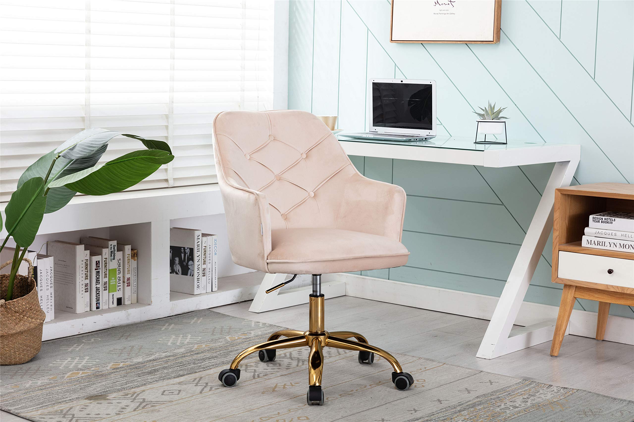 Luxury Velvet Office Chair with Tufted Back - Adjustable Swivel Desk Chair with Golden Metal Base for Home Office, Bedroom & Living Room - Perfect for Work, Study & Relaxation