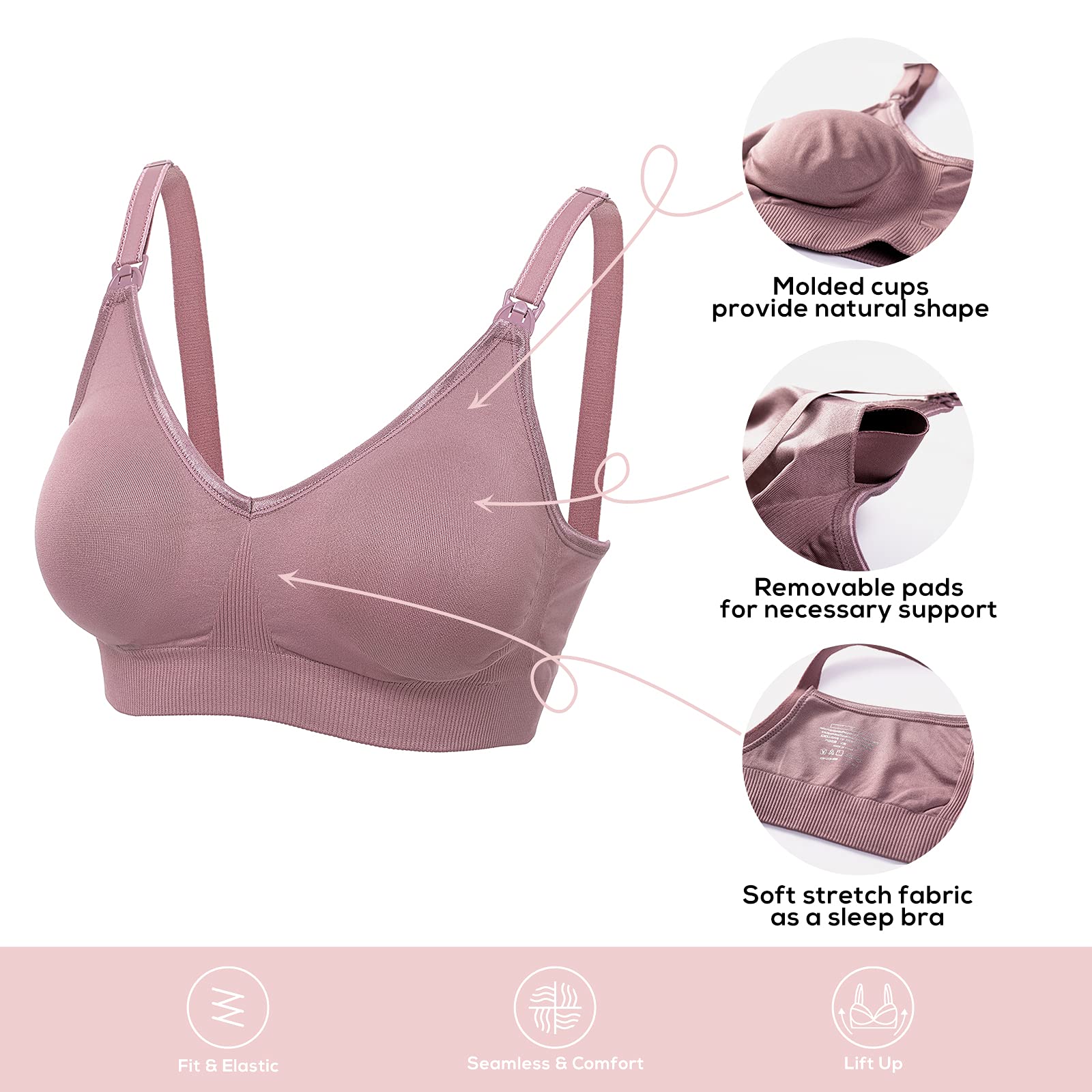 Gratlin Women's Seamless Maternity Nursing Sleep Bra - Wireless Breastfeeding Bra with Removable Pads & Support - Comfortable for Pregnancy, Nursing & Nighttime Wear