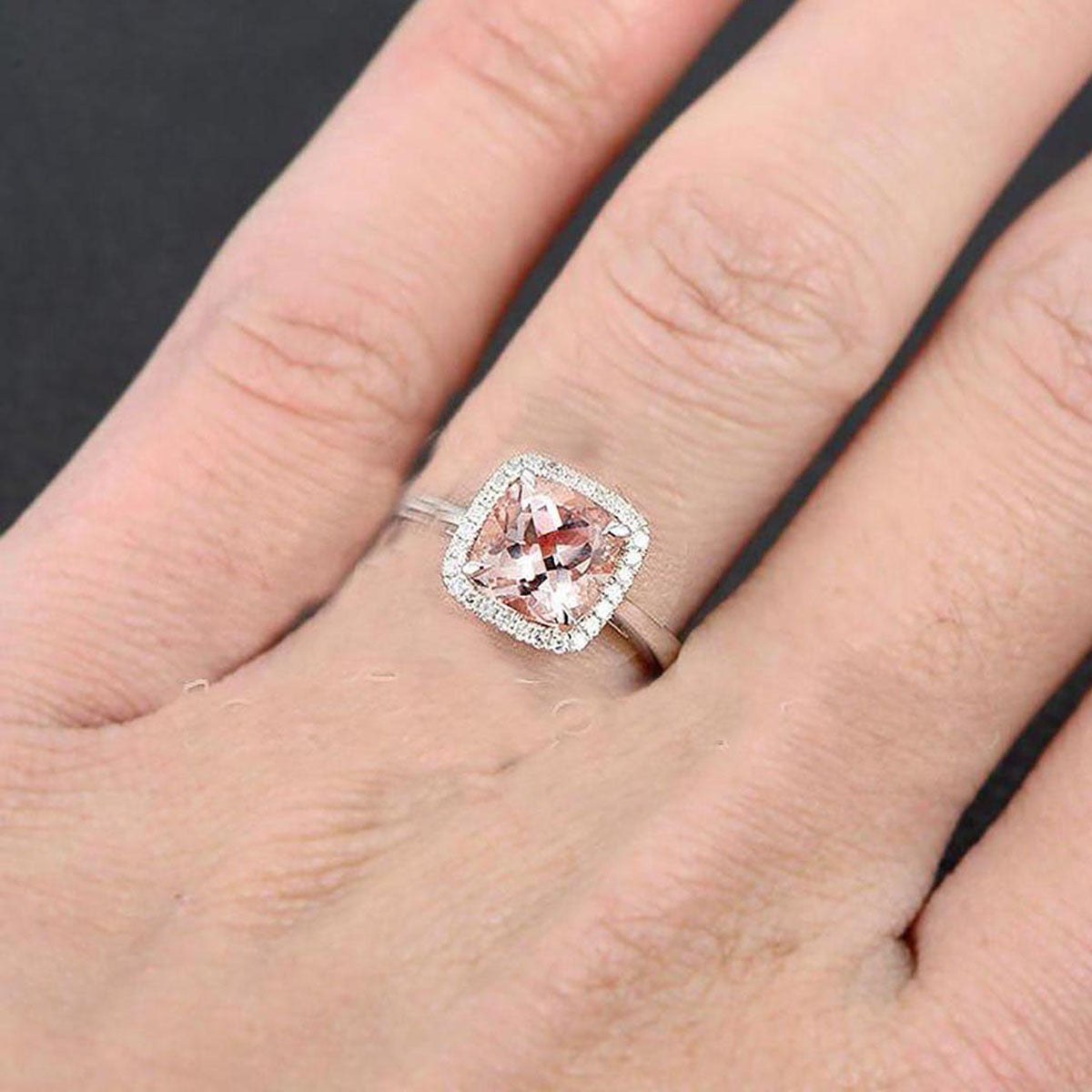 1.25 Carat Cushion Cut Peach Pink Morganite & Diamond Halo Engagement Ring in 10K White Gold - Vintage Inspired Bridal Jewelry for Proposals, Weddings & Anniversaries