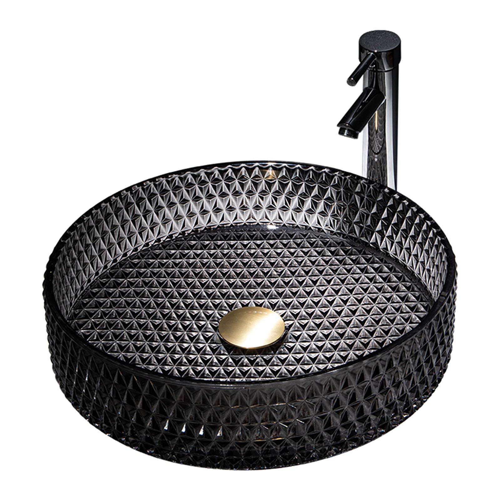 Black Crystal Glass Vessel Sink - Modern Round Bathroom Vanity Sink with Pop-Up Drain for Luxury Homes