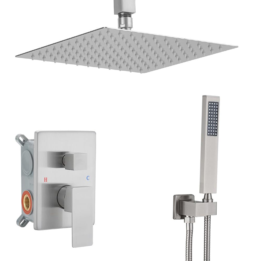 10 Inch Ceiling Mounted Rainfall Shower System - Brushed Nickel Shower Head Combo Set with Mixer Valve & Rough-in Trim - Perfect for Modern Bathroom & Spa Experience