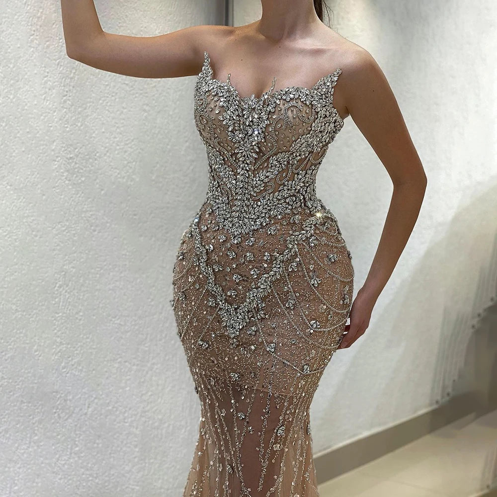 Elegant Nude Mermaid Evening Dress with Beaded Crystal Removable Cape Sleeves - Formal Gown for Prom, Wedding & Red Carpet Events | Serene Hill LA72539