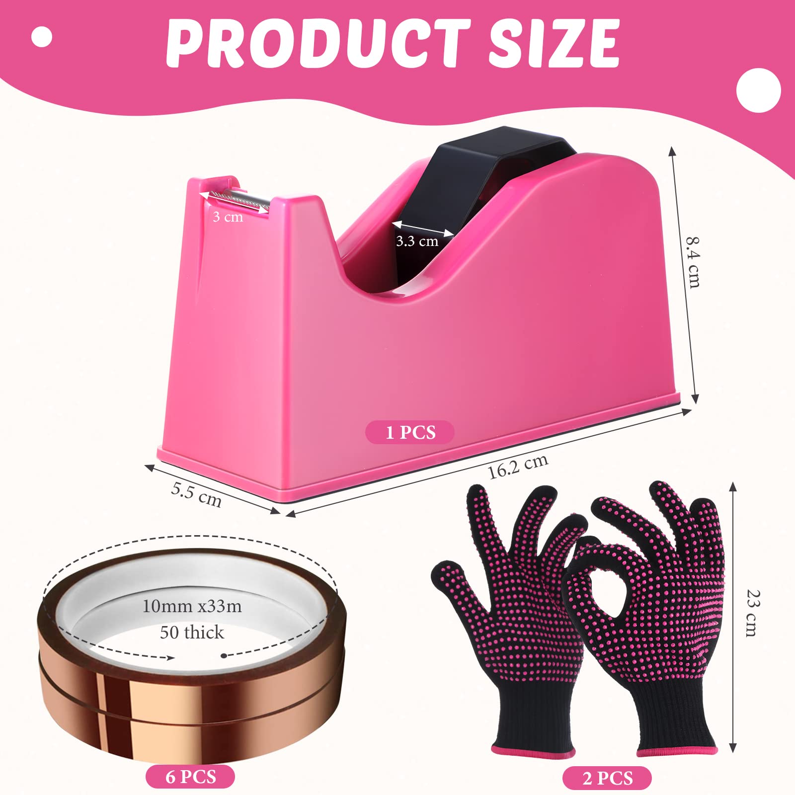 9-Piece Sublimation Heat Tape Dispenser Set with 2 Heat-Resistant Gloves & 6 Non-Slip Tapes - Weighted Desktop Base for Office & Home Crafting (Rosy) - Perfect for T-Shirt Printing, Mug Pressing & DIY Sublimation Projects