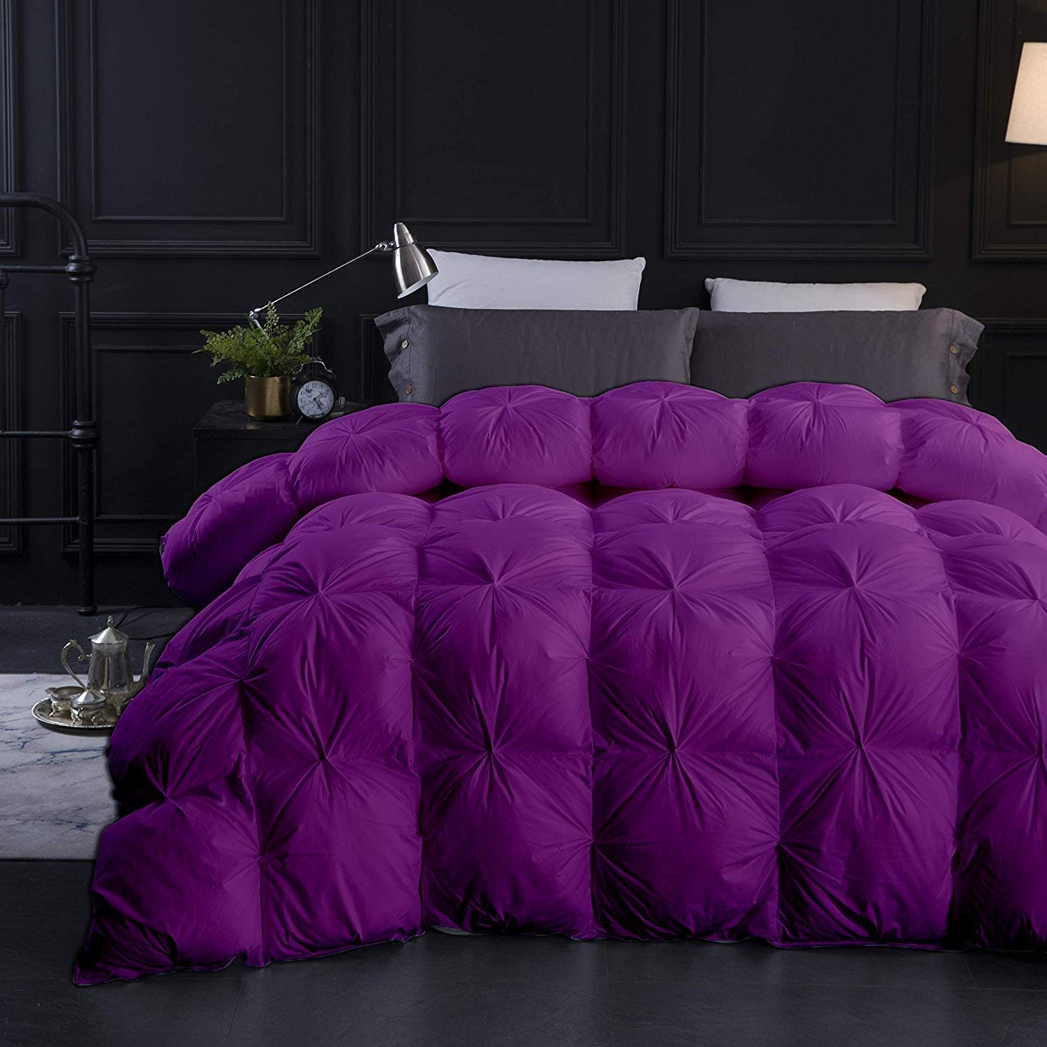 Luxury 500 GSM Pinch Pleated Comforter Set with Pillowcases - Queen/Full Size Purple Cotton Bedding (3 Piece) | Soft & Breathable Alternative to Pin Tuck Duvet for Master Bedroom, Guest Room & Dorm Decor