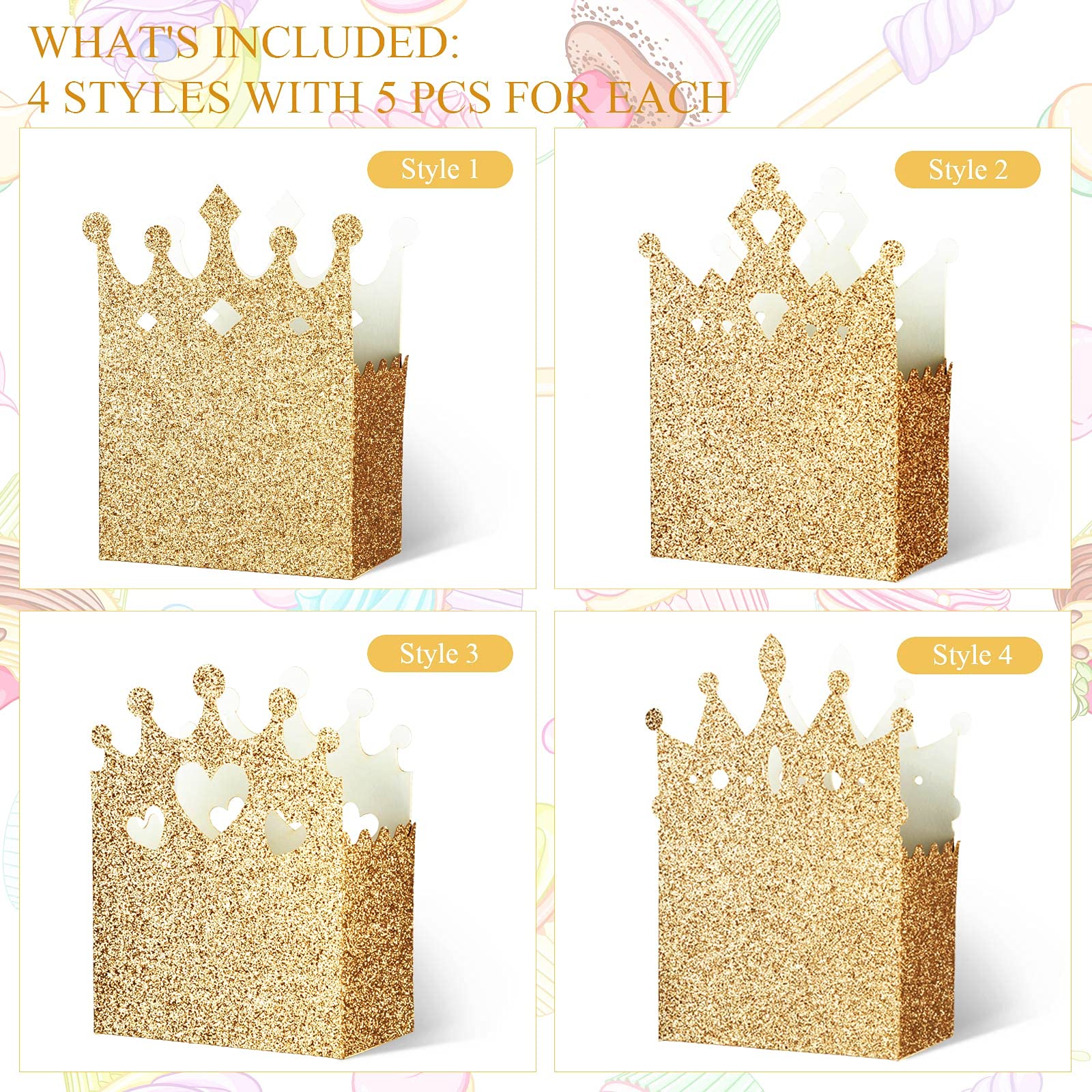 20-Piece Glitter Princess Crown Boxes - Gold Party Favor Candy Boxes for Wedding, Birthday & Baby Shower Supplies | Perfect for Royal-Themed Events, Princess Parties & Gift Packaging