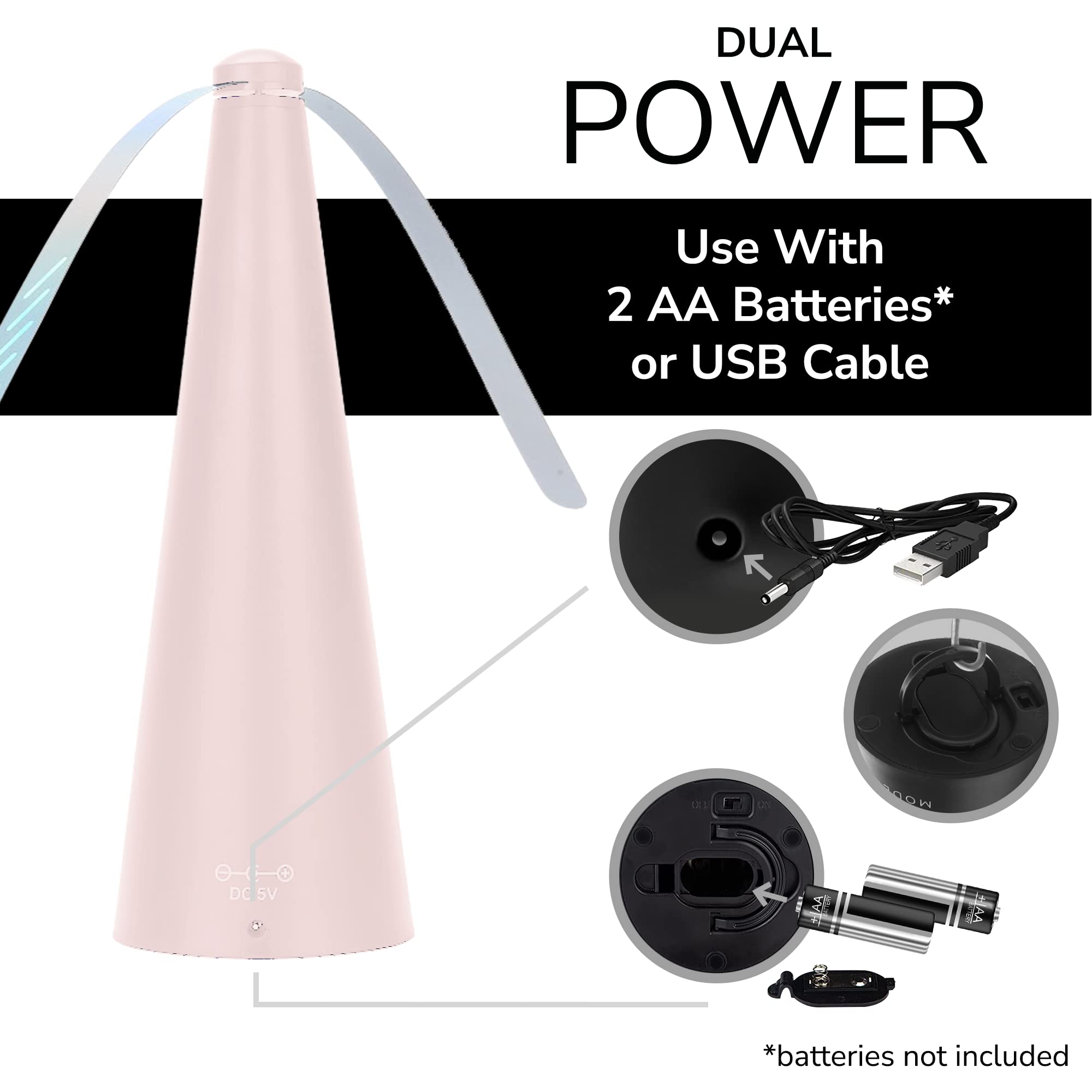 Fly Fan for Tables - USB & AA Battery Powered Fly Swatter - Pink Outdoor Dining Fly Spinner for Parties, Restaurants, Picnics, and Patios - Keep Flies Away at Home or Outdoor Events