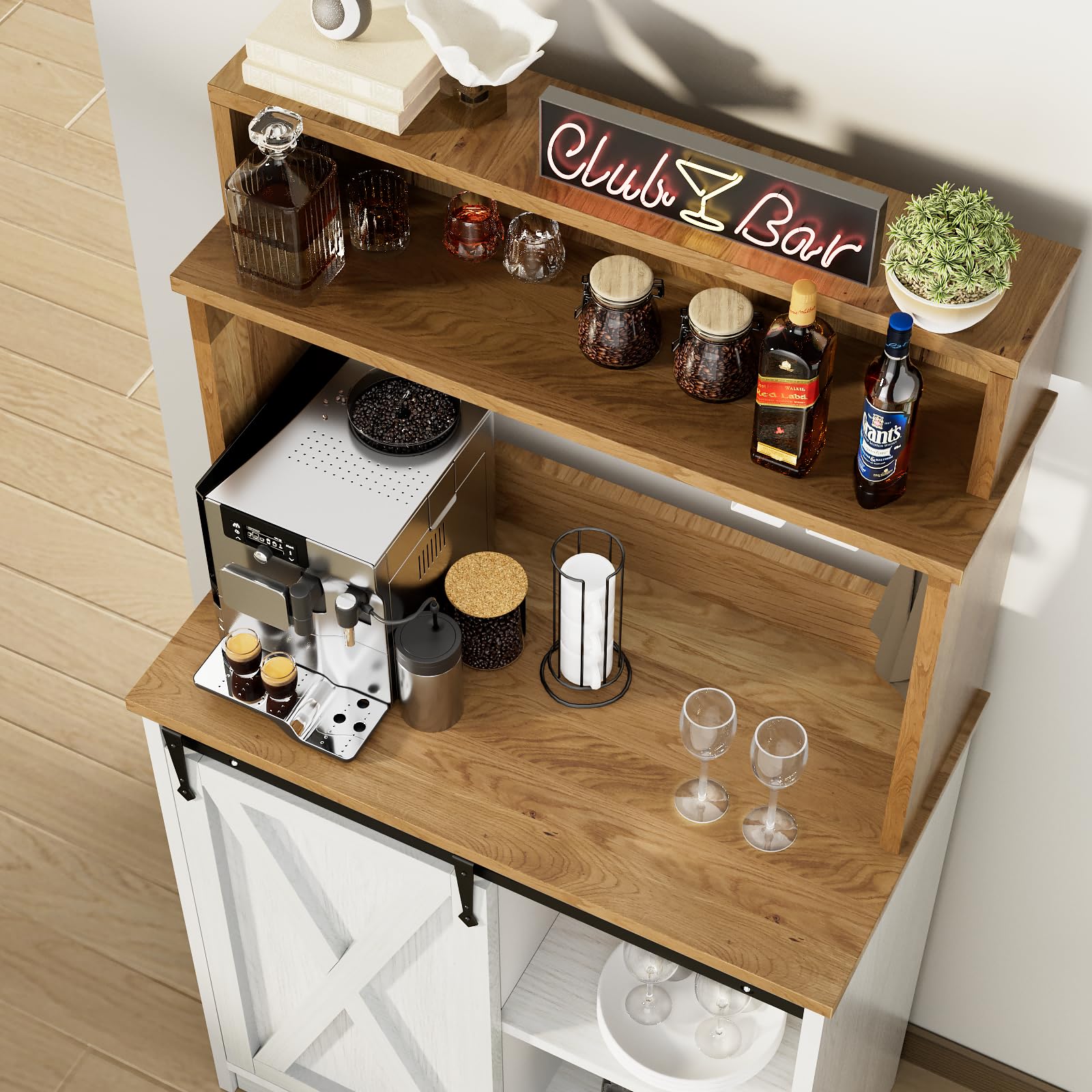 Farmhouse Coffee Station with 3-Tier Storage Hutch & 6 Hooks - 56 Inch Rustic Coffee Bar Table with Adjustable Shelves for Kitchen, Living Room or Dining Room - Perfect for Organizing Mugs, Coffee Supplies & Decor