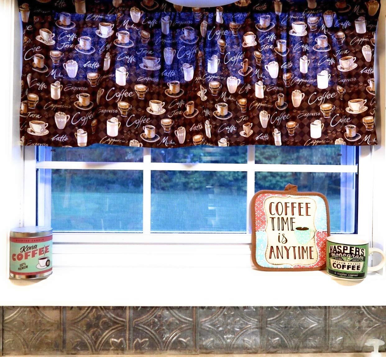 Premium Cotton Coffee Cups Valance Window Curtain - 43 Inch Wide x 15 Inch Long for Kitchen & Cafe Decor - Perfect for Coffee Shops, Breakfast Nooks & Farmhouse Style Kitchens