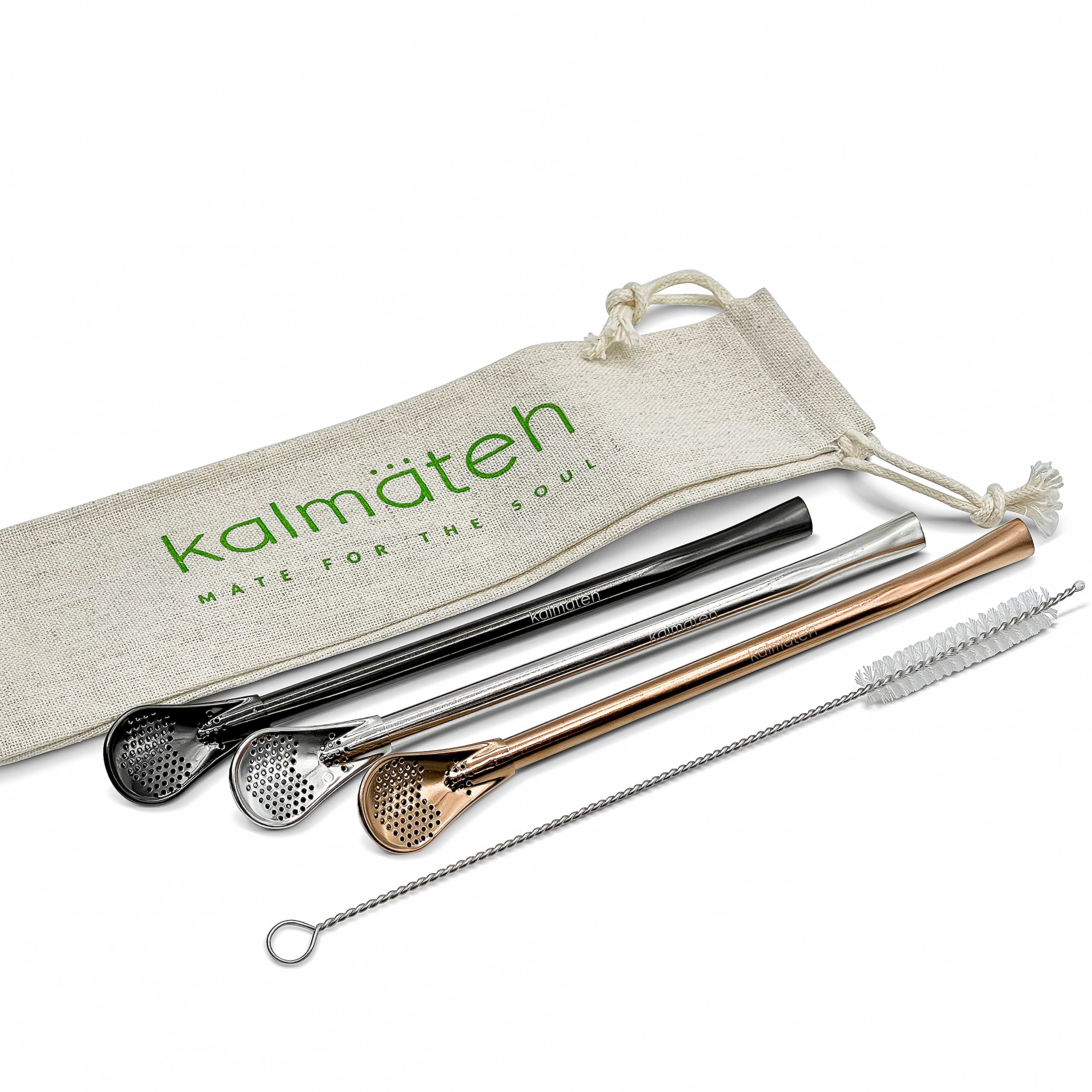 Premium Yerba Mate Bombilla Filter Straw Set - 3 Stainless Steel Drinking Straws with Cleaning Brush & Linen Gift Bag for Mate Gourd Tea | Perfect for Traditional South American Tea Ceremonies, Camping & Outdoor Adventures