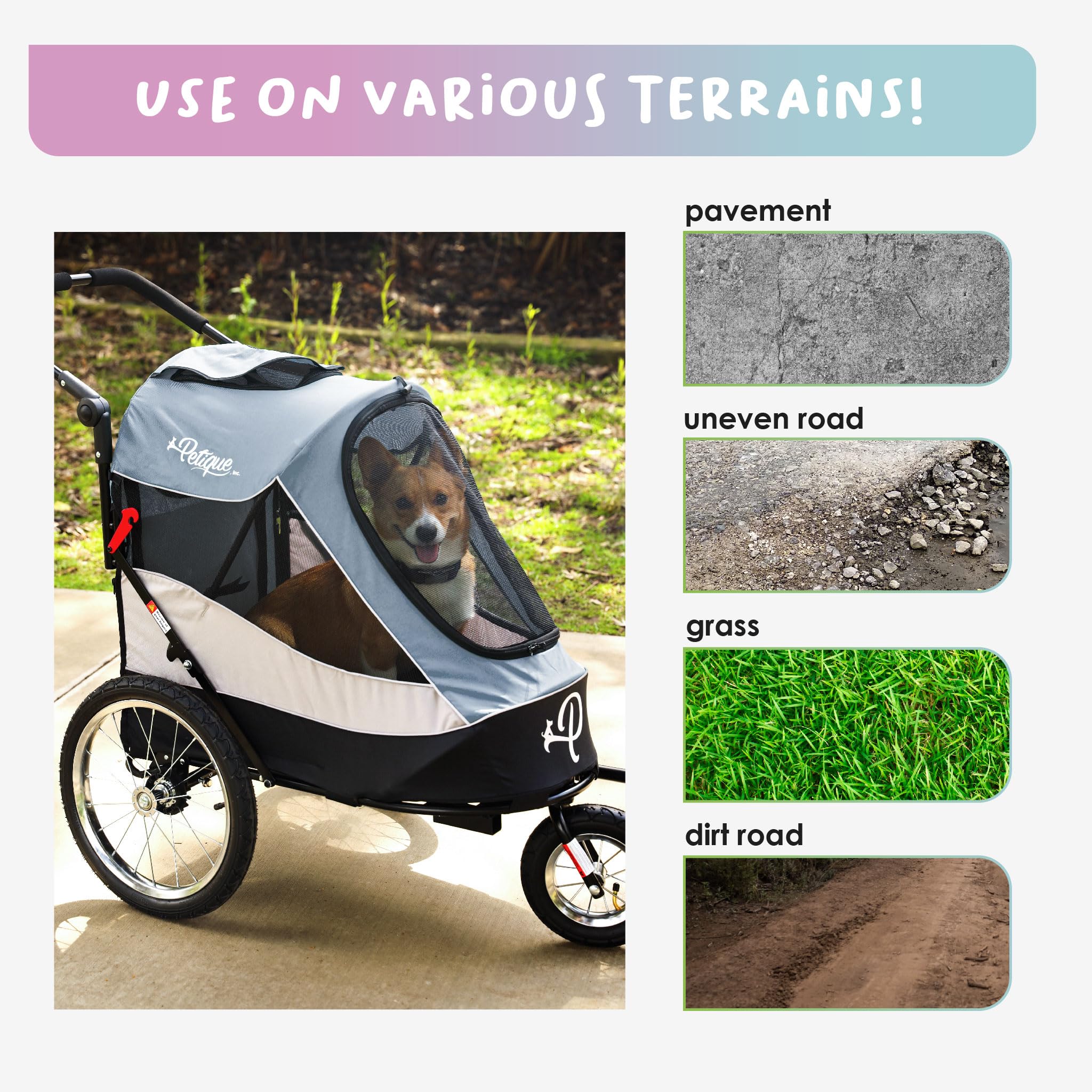 Petique Trailblazer Jogger - Medium Dog Stroller with Ventilation for Cats & Dogs (Gray) - Perfect for Jogging, Shopping & Outdoor Adventures with Your Pet