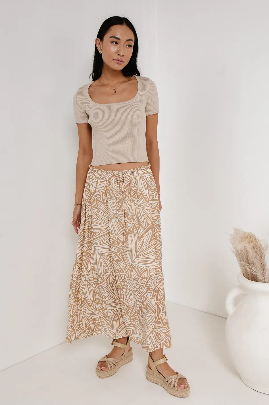 Kai Printed Skirt for Women - Khaki Flowy Midi Skirt with Elastic Waist | Perfect for Summer, Beach, Boho Outfits & Casual Wear