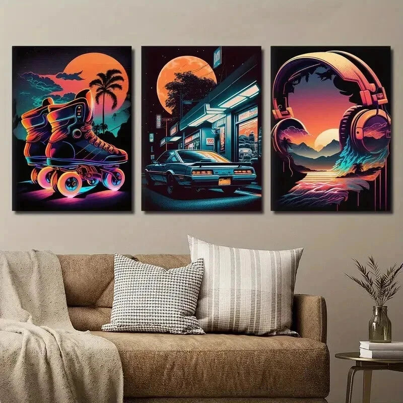 3-Piece 80s Retro Synthwave & Cyberpunk Car Wall Art Set - 60x90cm Framed Canvas Prints | High Quality Australian Made Wall Decor | Ready to Hang | Perfect for Man Cave, Gaming Room & Retro Office Decor