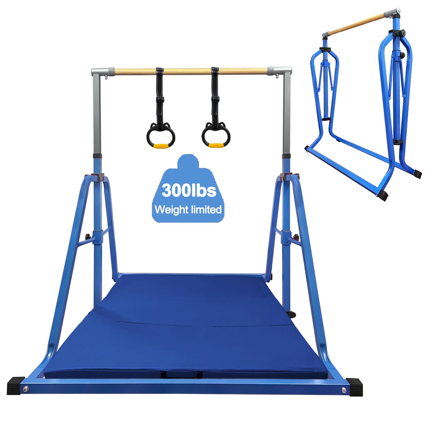 Adjustable Height Foldable Gymnastics Bar with Rings - 3' to 5' Expandable Junior Kip Bar for Home & Indoor Training | Perfect for Kids' Gymnastics Practice, Strength Training & Playroom Fitness Equipment