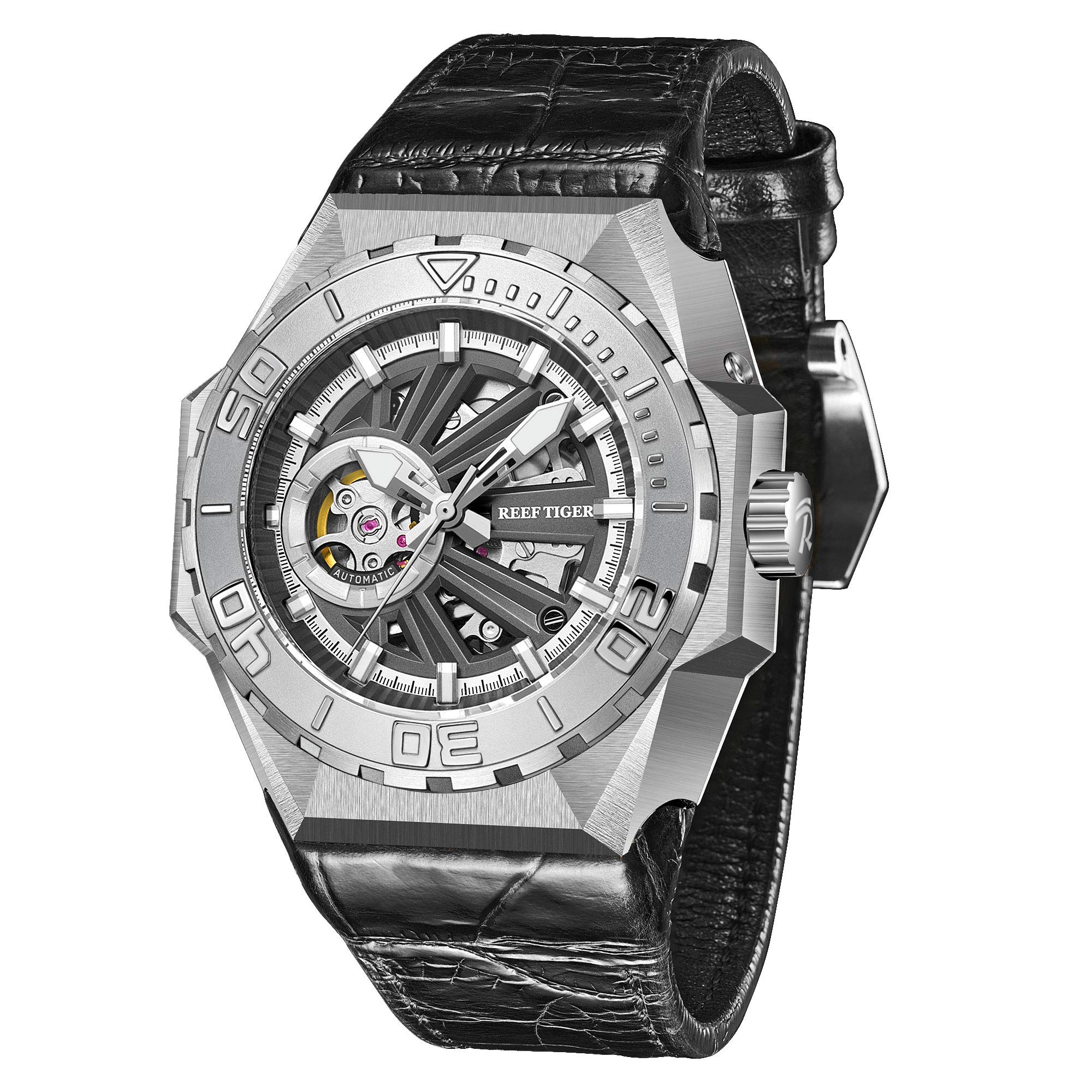 REEF TIGER Men's Skeleton Automatic Dive Watch - Military Style Mechanical Watch with Leather Strap RGA6903-S - Perfect for Scuba Diving, Outdoor Adventures & Casual Wear