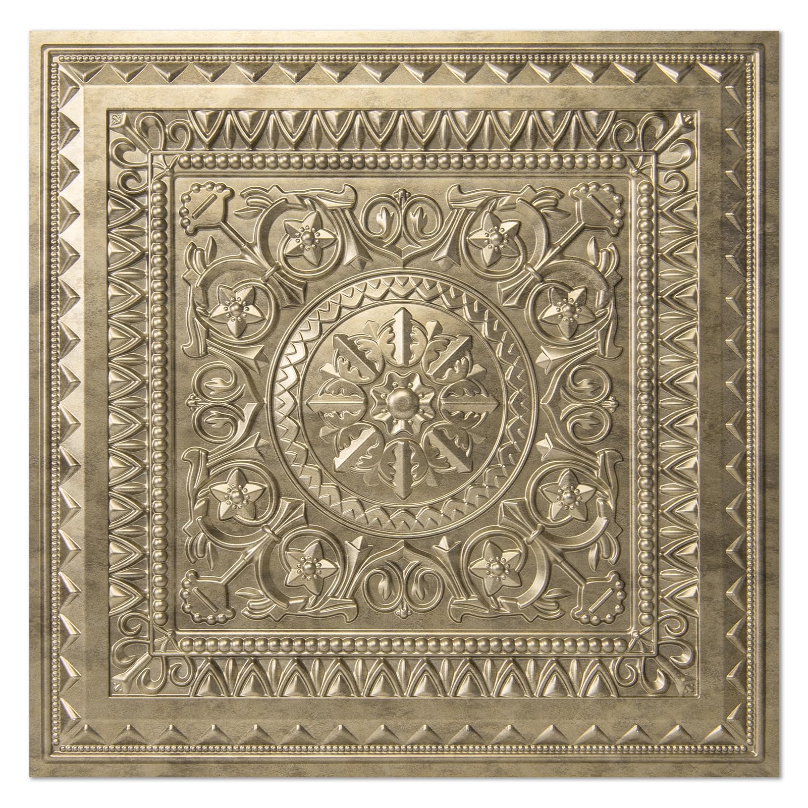 Art3d Drop Ceiling Tiles 2'x2' - 12 Pack Antique Gold Plastic Panels (48 Sq.ft) for Easy Glue-Up Installation - Perfect for Home Office, Basement & Commercial Ceiling Renovations