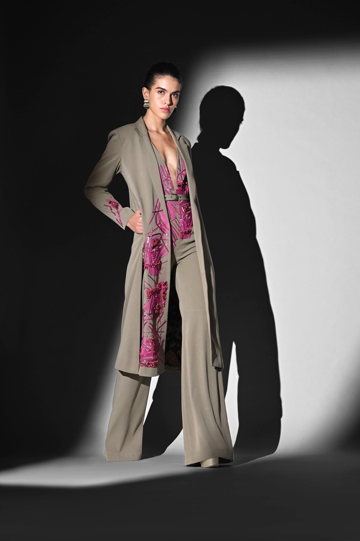 Elegant Beige Jumpsuit with Fuchsia Hand-Thread Embroidery - Perfect for Casual Outings, Parties & Special Occasions