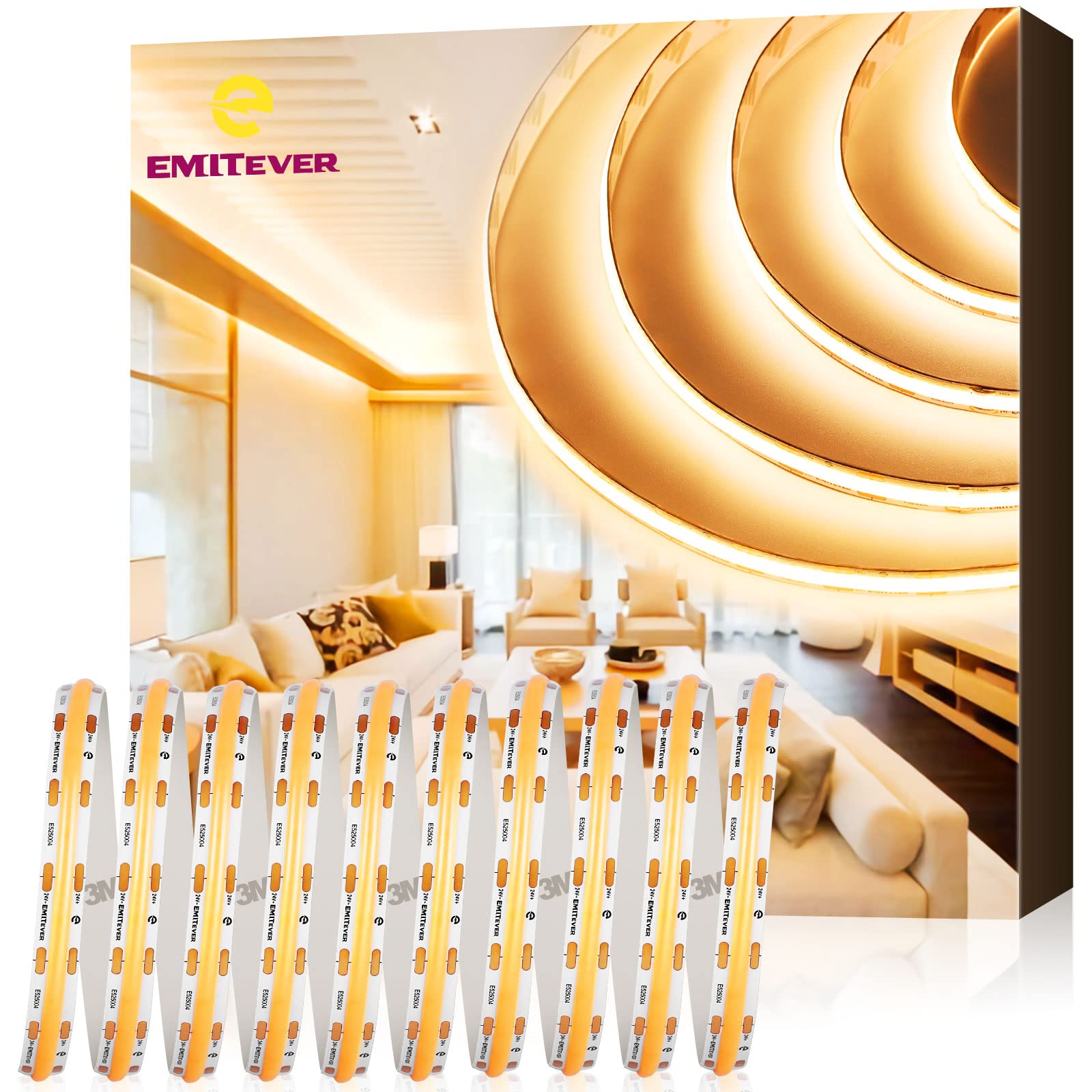 EMITEVER COB LED Strip Lights Warm White 2700K - 32.8ft High Density Tape Light, 300+Lumens/ft, 4800LEDs, Ra90 CRI, 24V DC, UL Listed with 5-Year Warranty - Perfect for Home Kitchen Lighting, Cabinet Accents, and Bedroom Mood Lighting (Power Supply Sold Separately)
