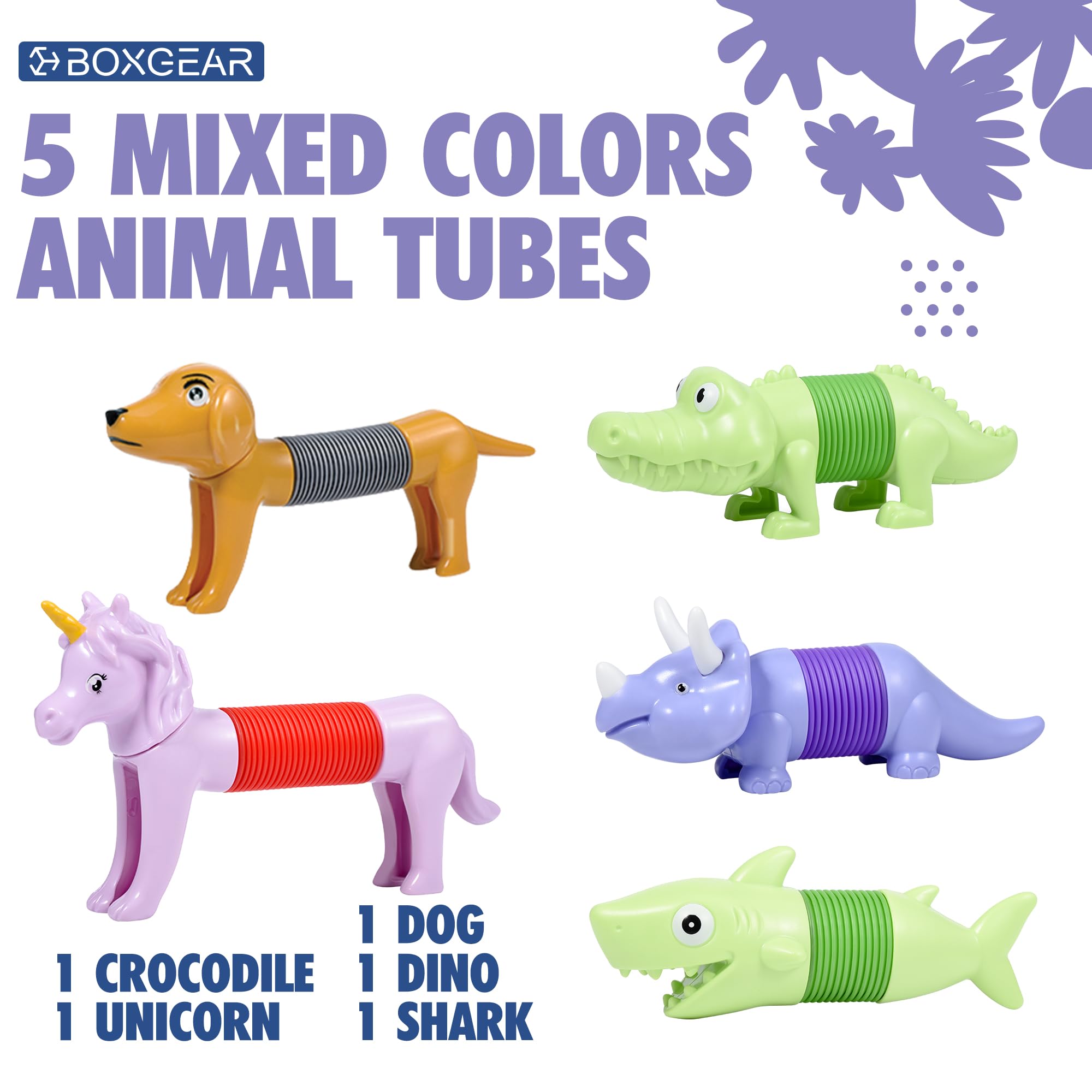 **Boxgear 5-Pack Mixed Animal Pop Tubes - Cute Sensory Fidget Toys for Kids, Stress Relief & Anxiety Relief with Popping Sounds - Fun Spring Toys for Toddlers, Boys & Girls - Perfect for Classroom, Travel, and Home Play**