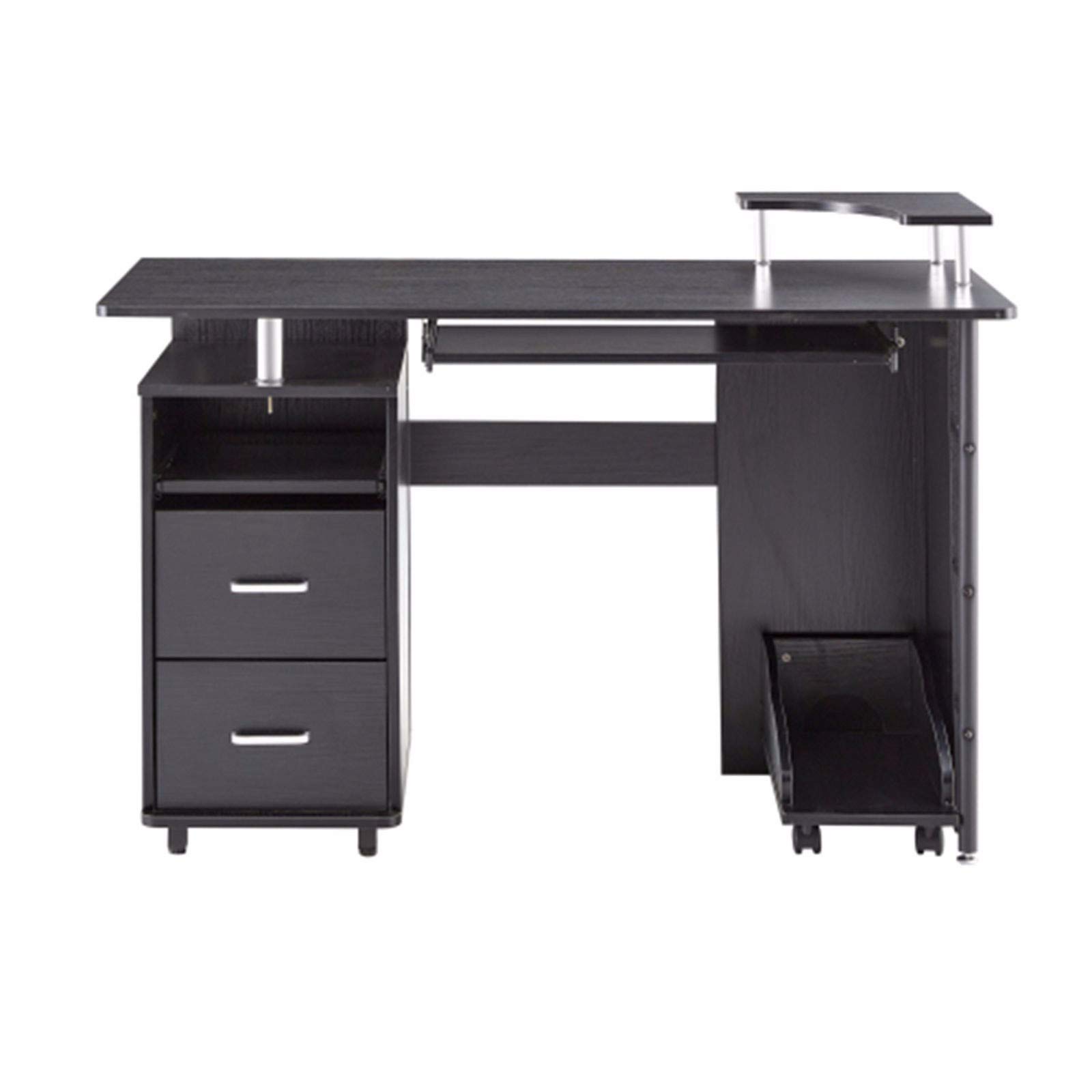Solid Wood Computer Desk with PC Droller, Storage Shelves & File Cabinet - Home Office Desk with 2 Drawers, CPU Tray & Plant Shelf - Perfect for Small Spaces, Gaming & Remote Work (Black)