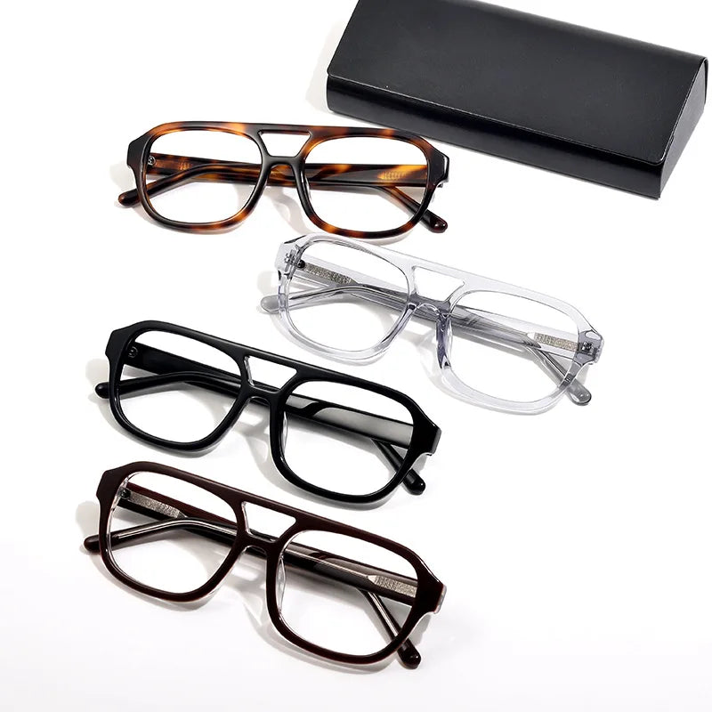 Stylish Unisex Black Acetate Square Frame Eyeglasses with Double Bridge - Perfect for Work, Reading & Fashion Accessories