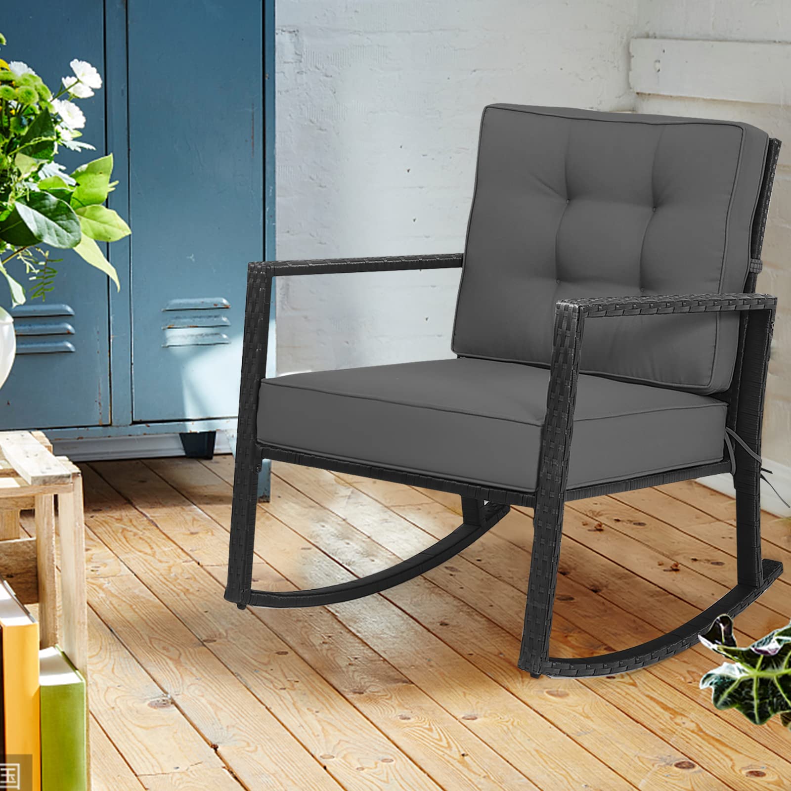Hysache Patio Rocking Chair - Rattan Wicker Rocking Armchair with Thick Cushion & Durable Steel Frame, Outdoor Wicker Furniture for Garden, Porch, Backyard, Poolside - Comfortable Seating for Relaxing Outdoors (Gray)