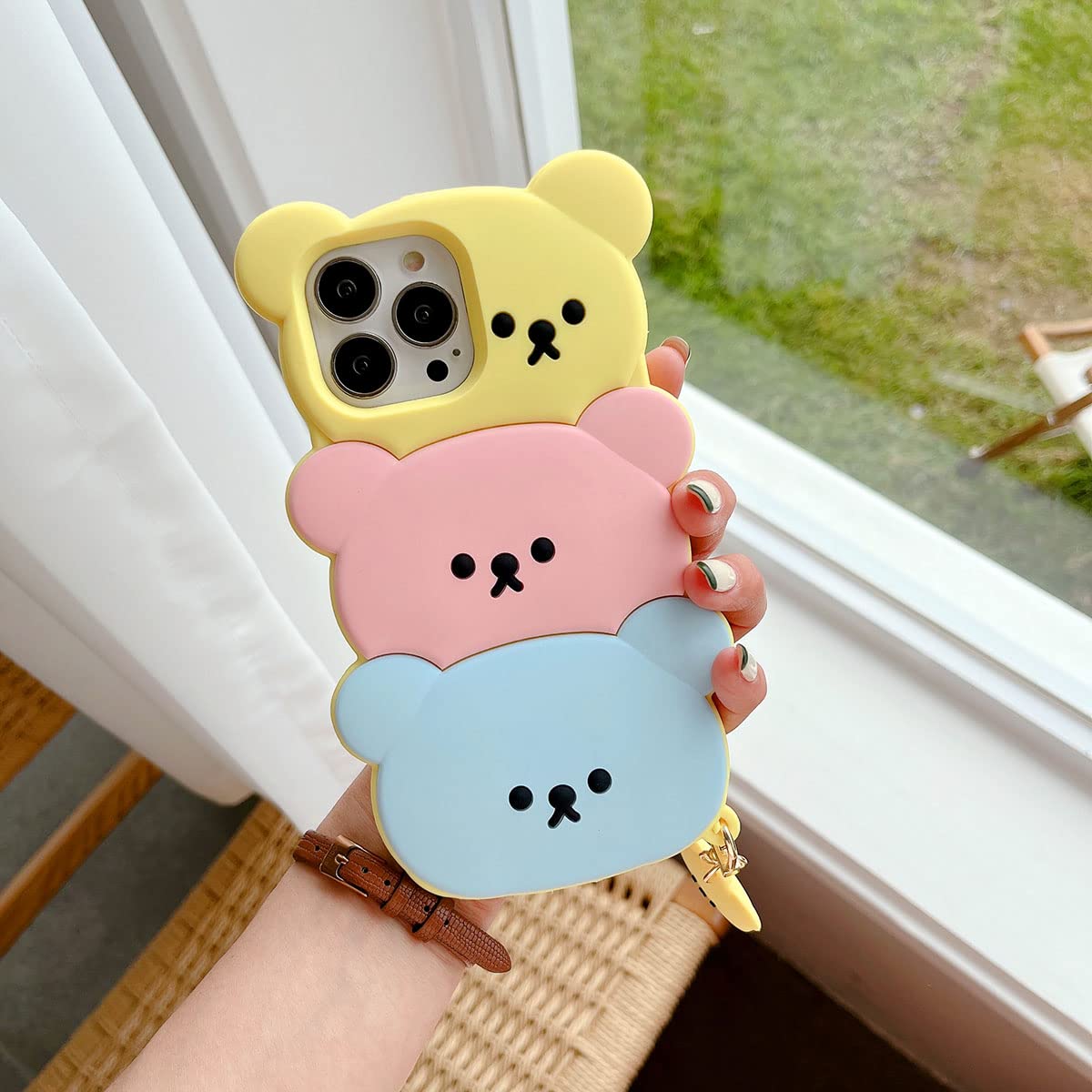 Cute 3D Silicone Bear Phone Case for iPhone 13 - Kawaii Cartoon Design with Keychain, Soft Rubber Shockproof Protective Cover for Women & Girls | Perfect for Everyday Use, School, Work, and Travel