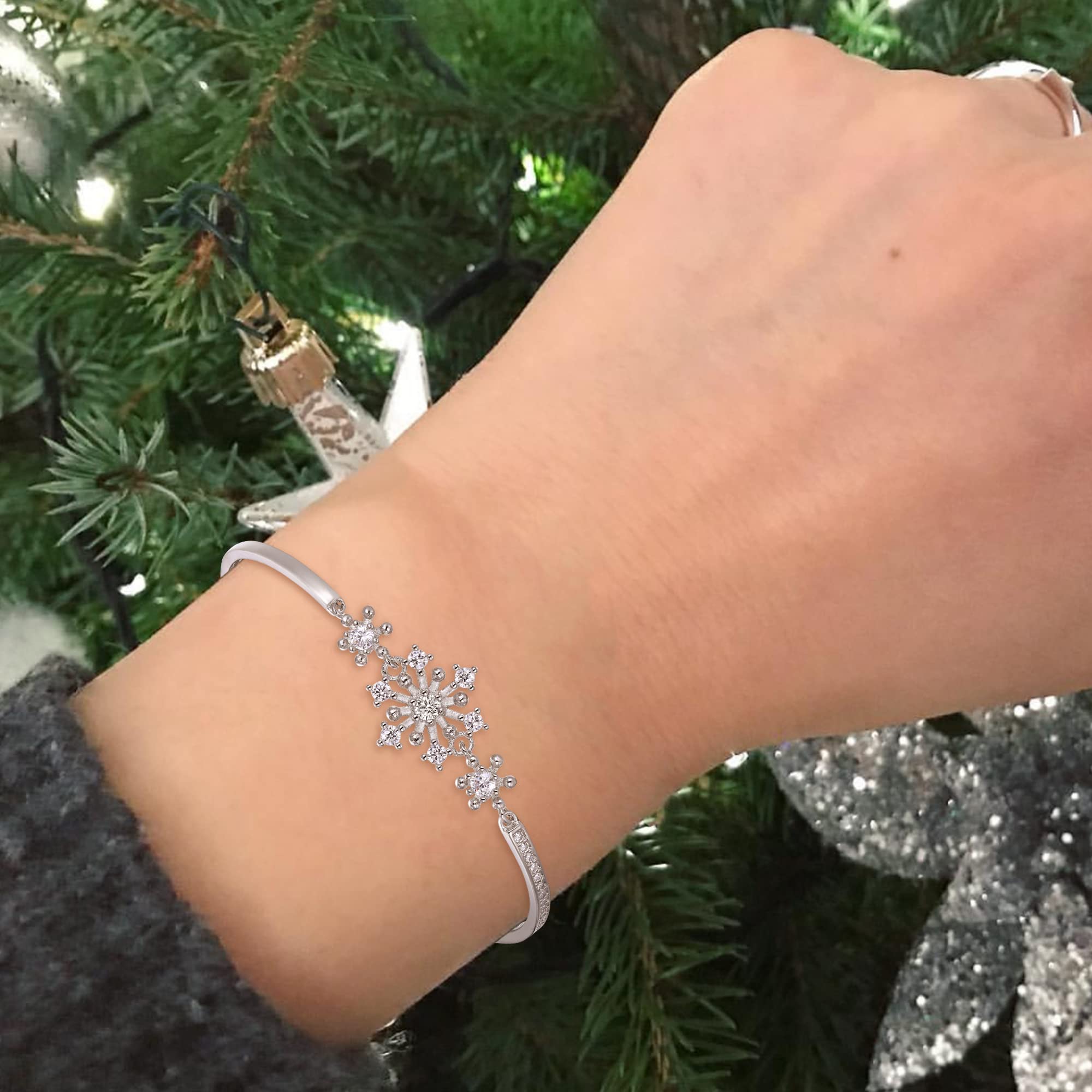 Flyonce Snowflake Bracelets for Women - Sparkling Cubic Zirconia Snowflake Flower Bangle Link Bracelet, Christmas Jewelry Gift for Her, Perfect for Holiday Parties, Winter Weddings & Festive Occasions